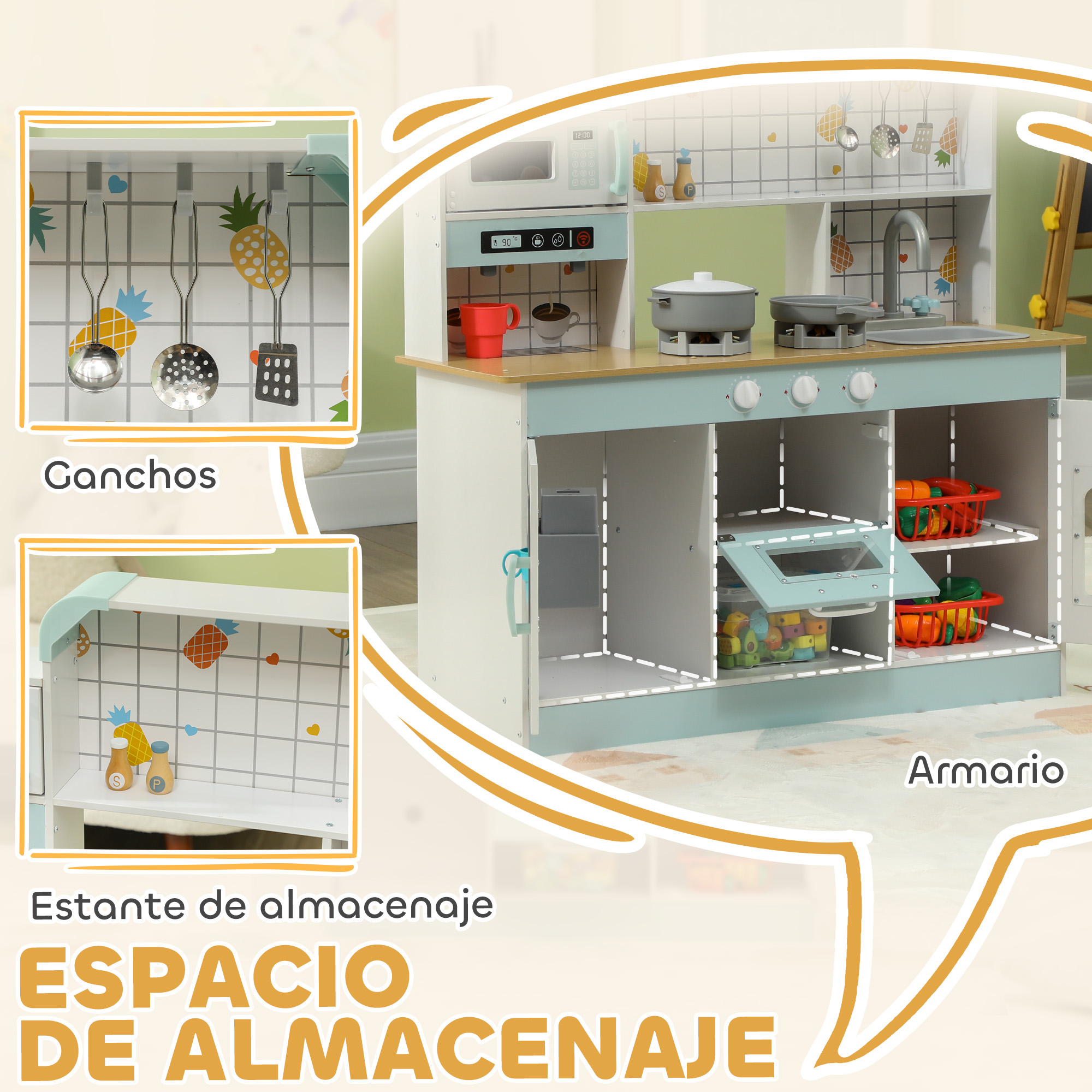 Una cocina de juguete blanca y verde azulado con almacenamiento y utensilios colgantes. Los primeros planos destacan el almacenamiento y los ganchos.