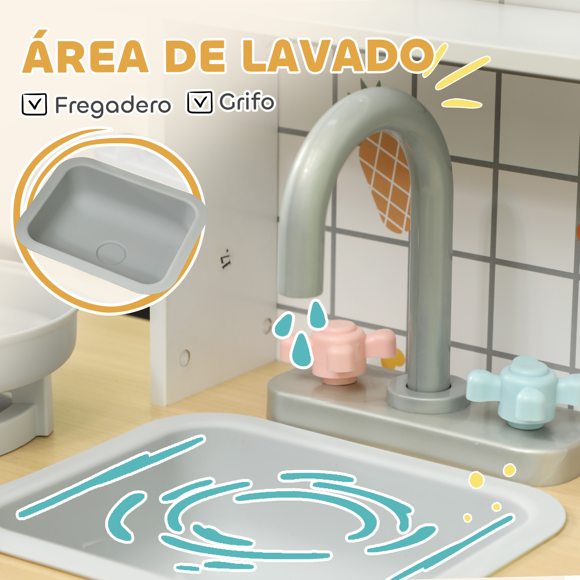 Primer plano de un fregadero y grifo grises con manijas azules y rosas, en un entorno de cocina de juguete.