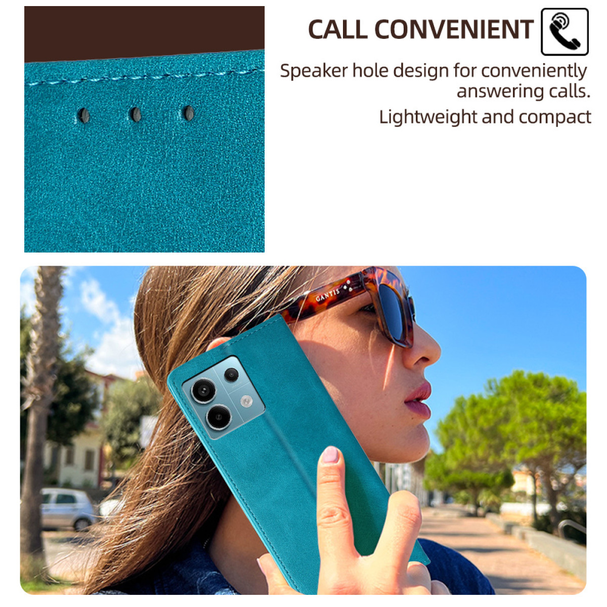 Donna con custodia turchese con design a foro per altoparlante, occhiali da sole e sfondo di cielo blu.