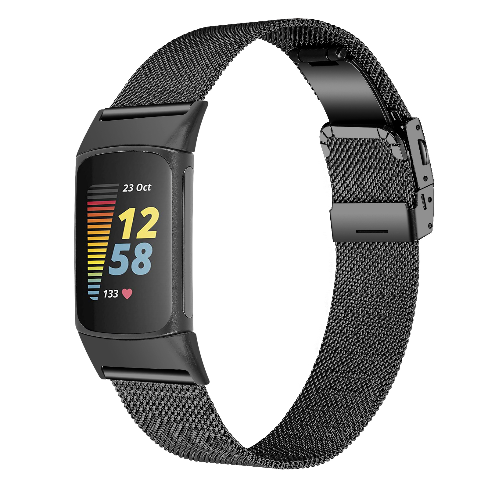 Uno smartwatch nero con cinturino a rete nero. Lo schermo mostra ora e frequenza cardiaca.
