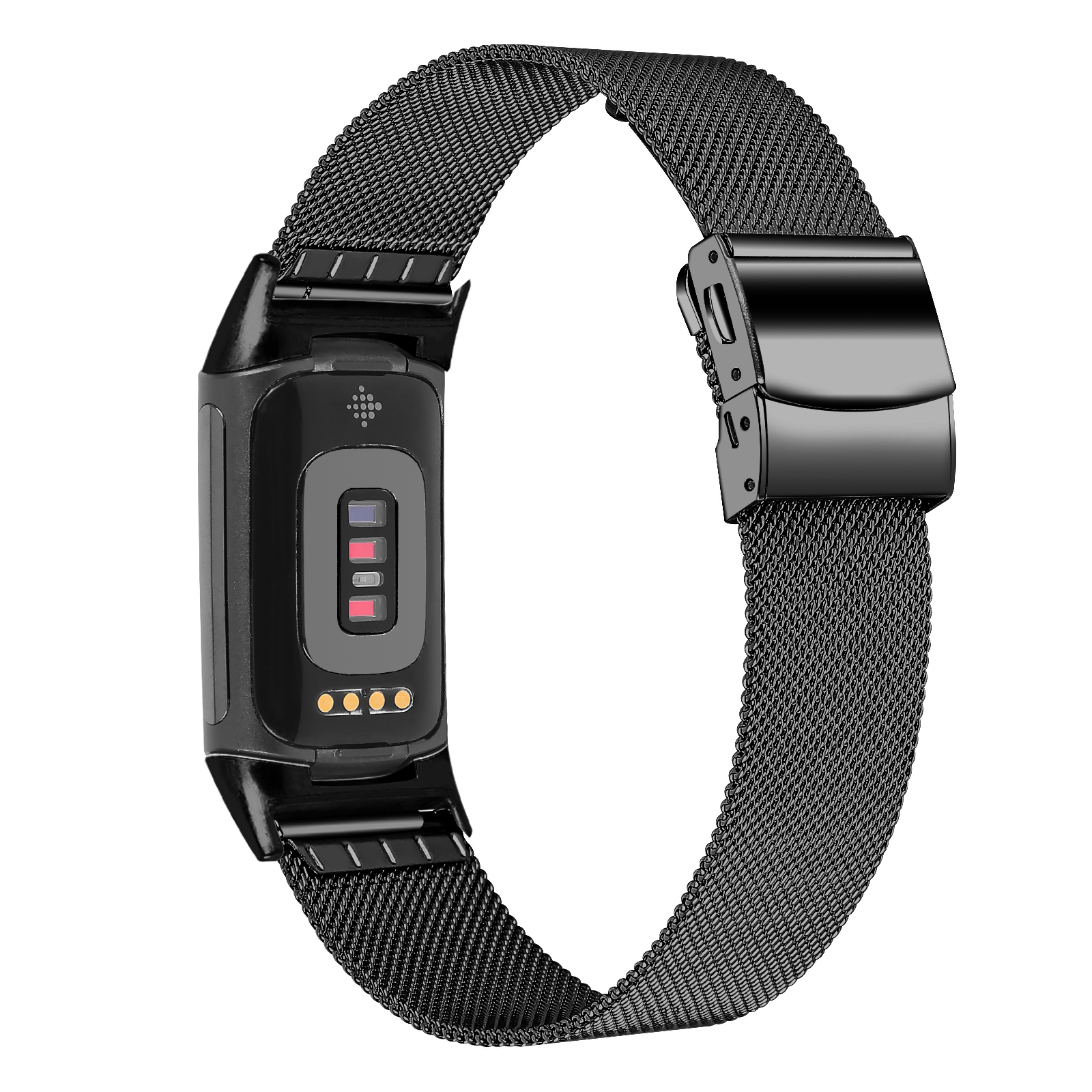 Tracker di fitness nero con cinturino a rete. È aperto, mostrando il retro con sensori e chiusura.