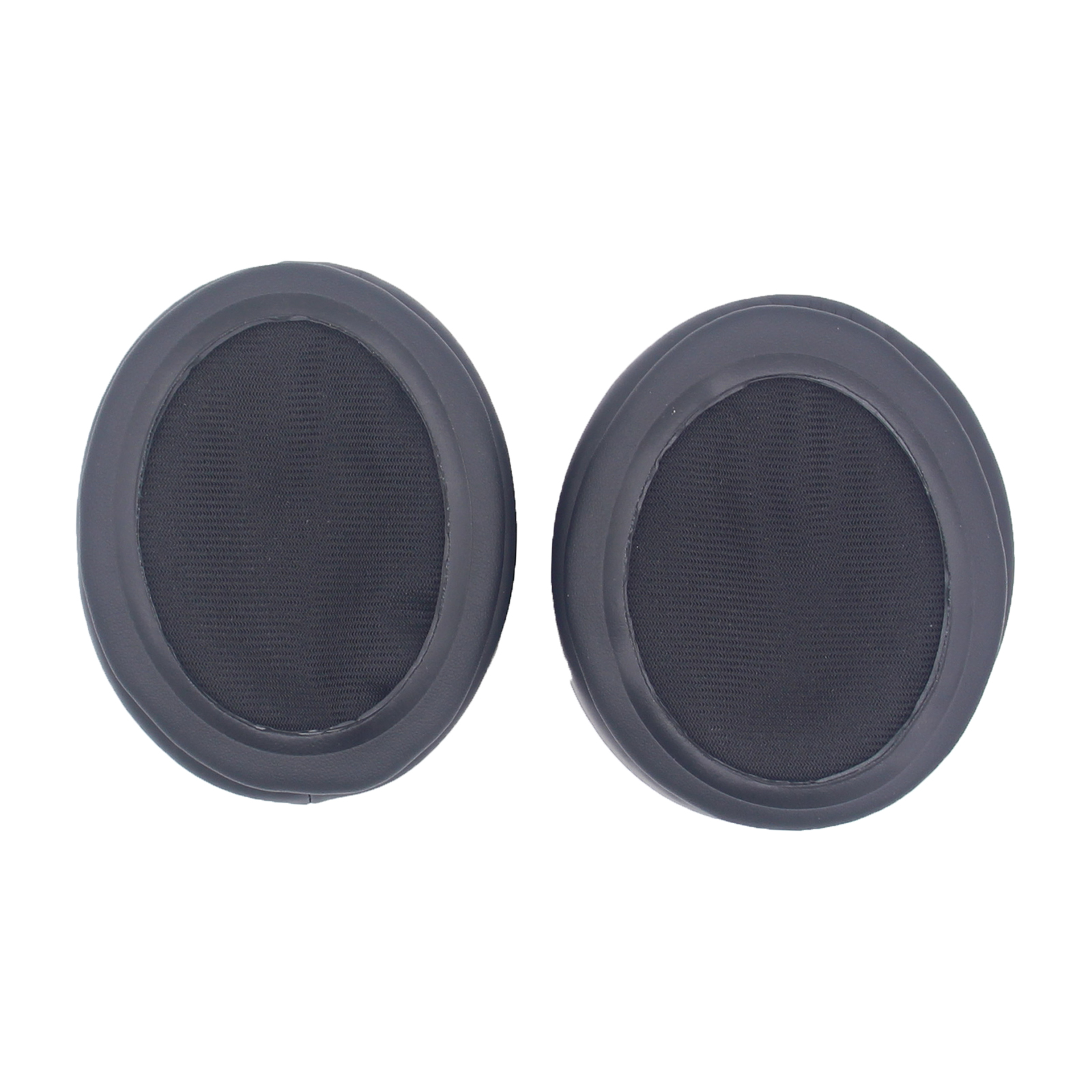 Dwie czarne owalne nauszniki z siatką, obok siebie, na białym tle.