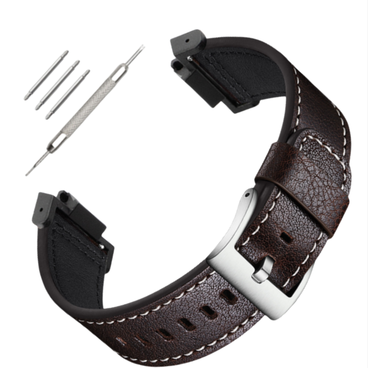 Ein braunes Leder-Uhrenarmband mit weißen Nähten, einem Metallverschluss und Werkzeugen.
