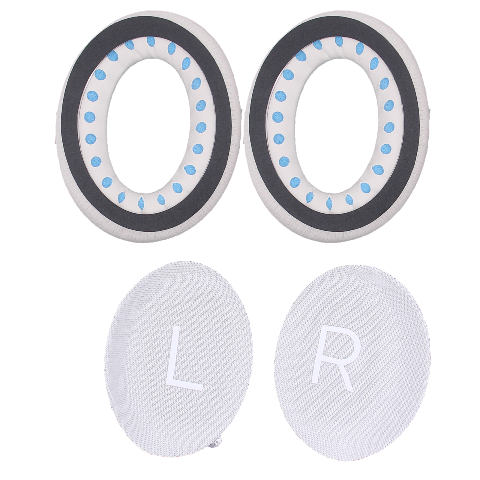 Dwa zestawy nauszników do słuchawek i dwie osłony z siatki. Podkładki są białe z niebieskimi kropkami.