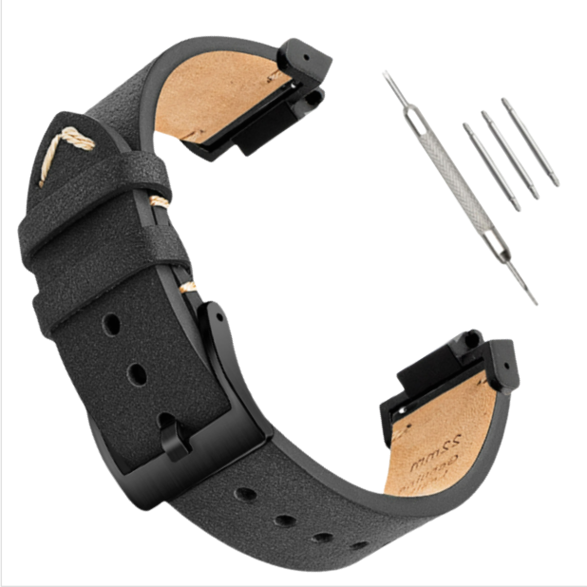 Un cinturino per orologio in pelle nera con fibbia nera e piccoli attrezzi. Lo sfondo è semplice.