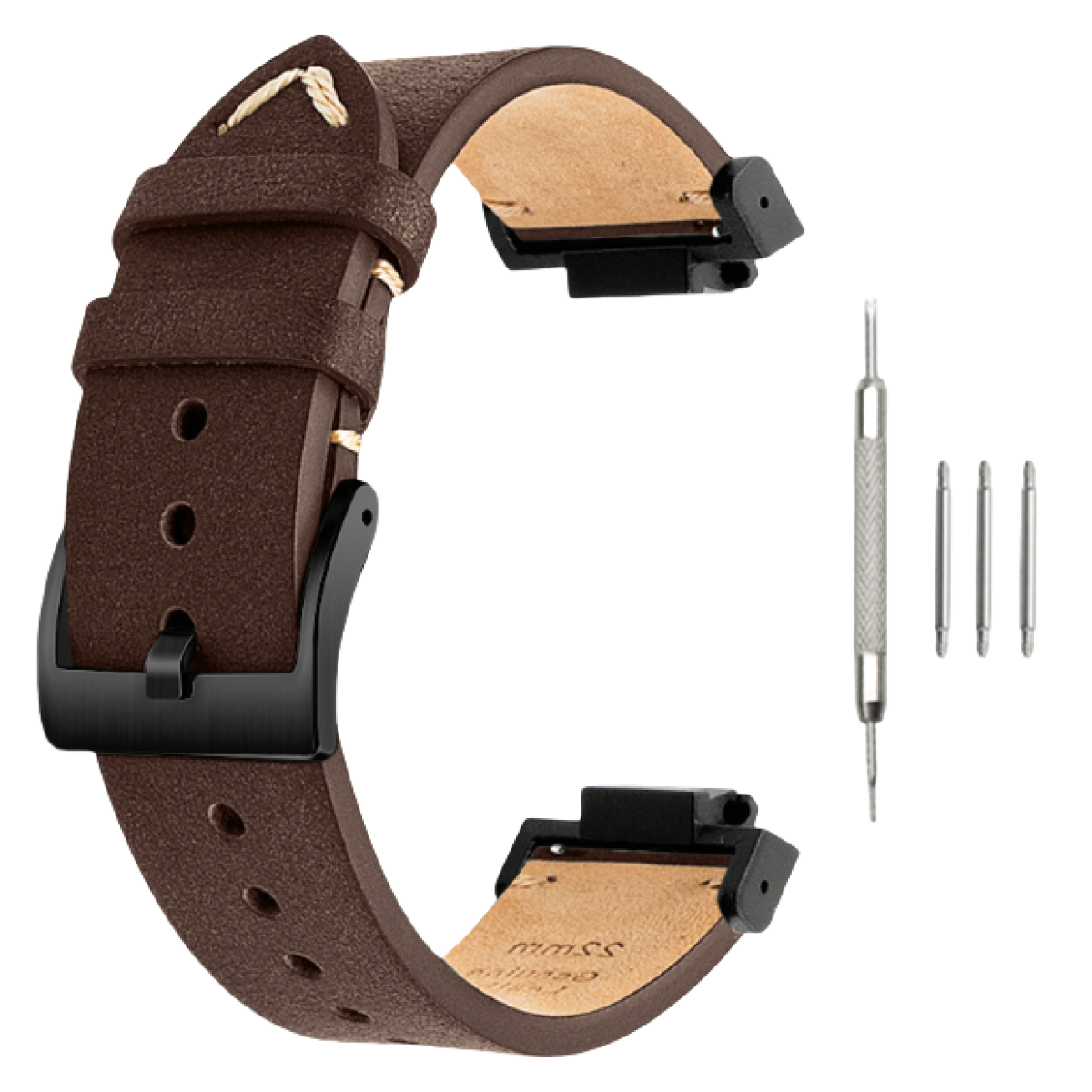 Braunes Leder-Uhrenarmband mit schwarzer Schnalle und Werkzeug. Das Armband liegt neben dem Werkzeug.