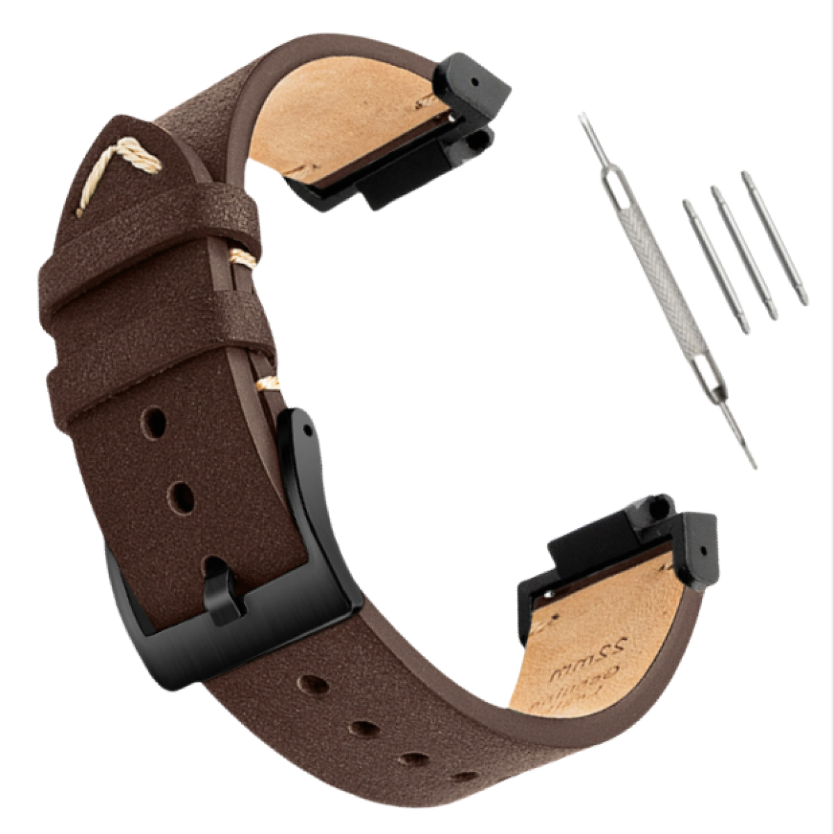 Braunes Lederarmband mit schwarzer Schnalle, mit Werkzeug zum Anbringen an einer Uhr.