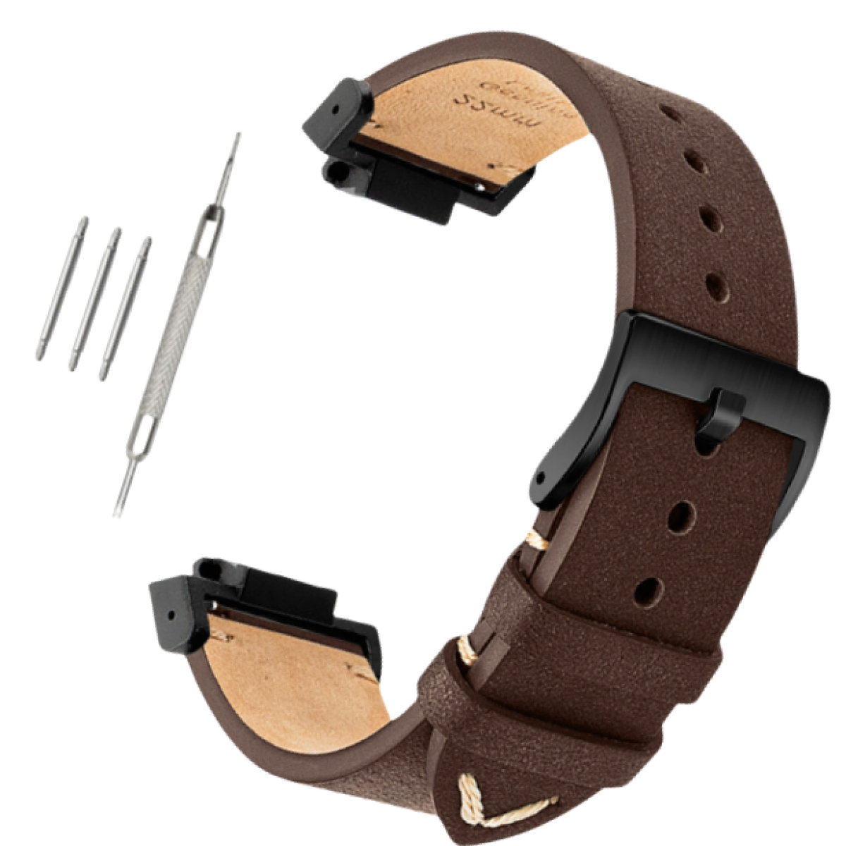 Braunes Leder-Uhrenarmband mit schwarzer Schnalle und Werkzeug auf Weiß.