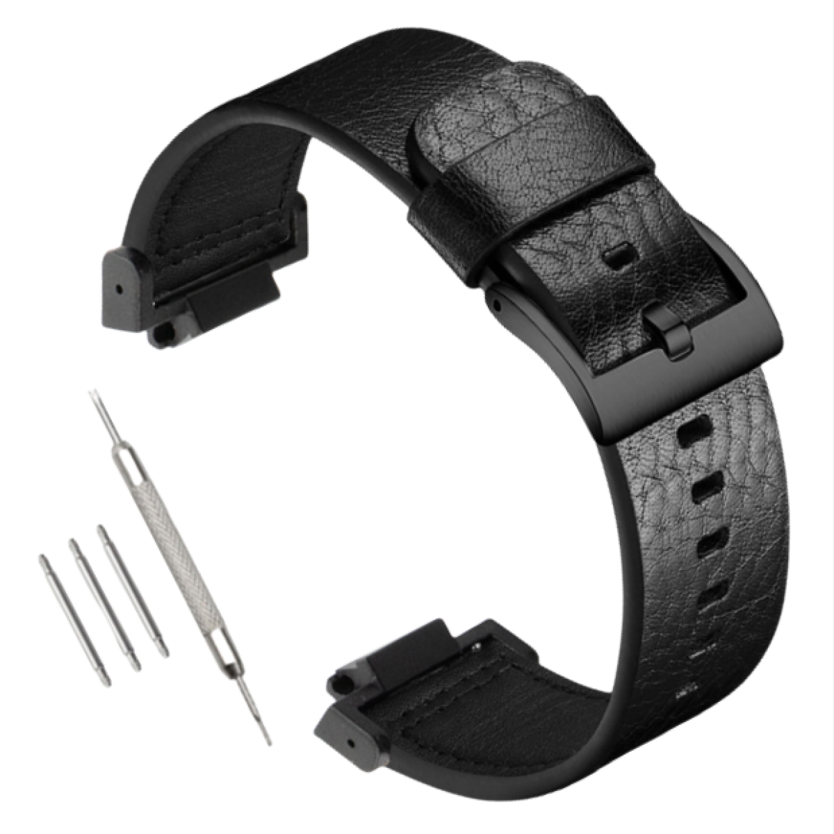 Schwarzes Lederarmband mit schwarzer Schnalle und ein paar kleinen Werkzeugen.