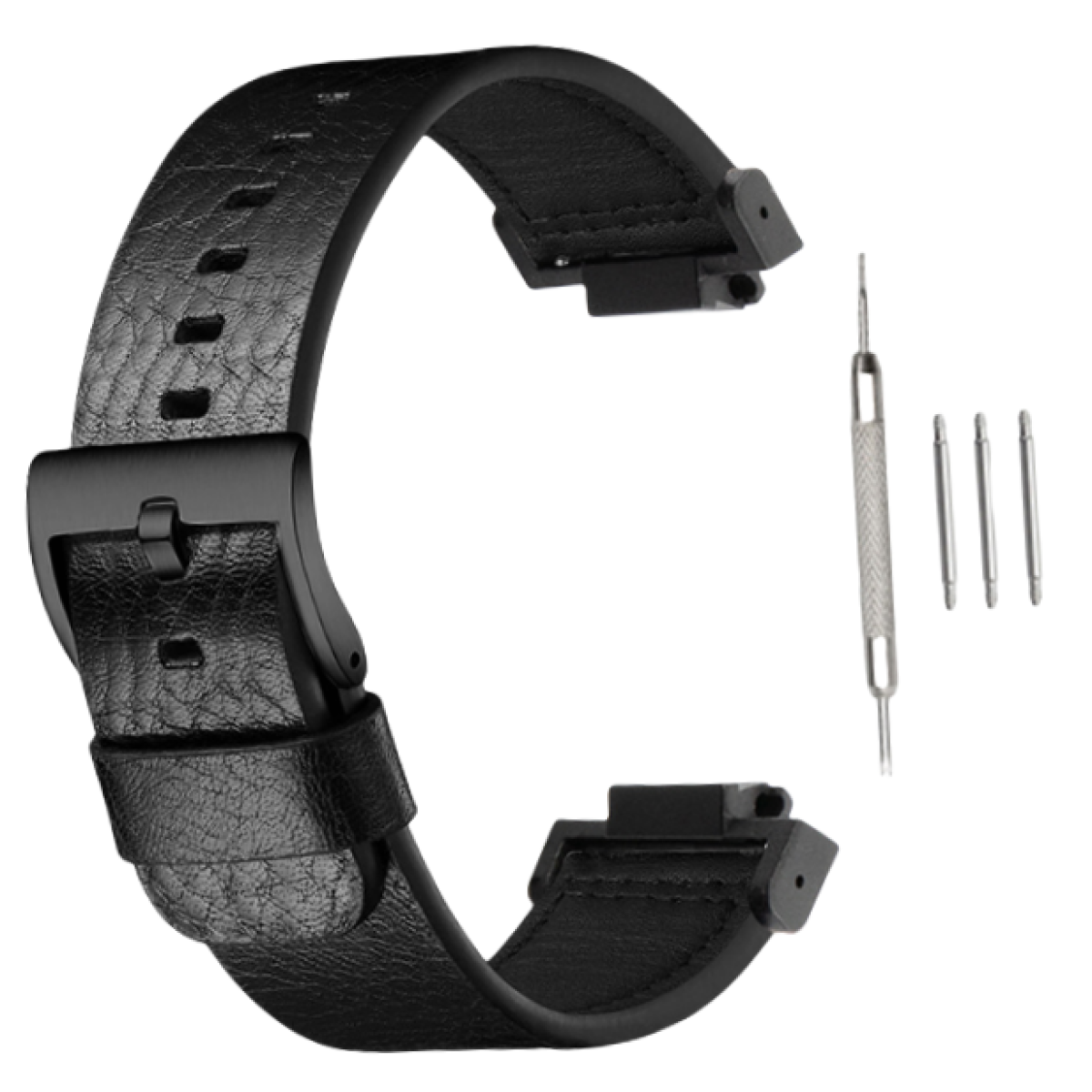 Schwarzes Leder-Uhrenarmband und Werkzeuge. Enthält ein Armband, eine Schnalle und Werkzeuge.