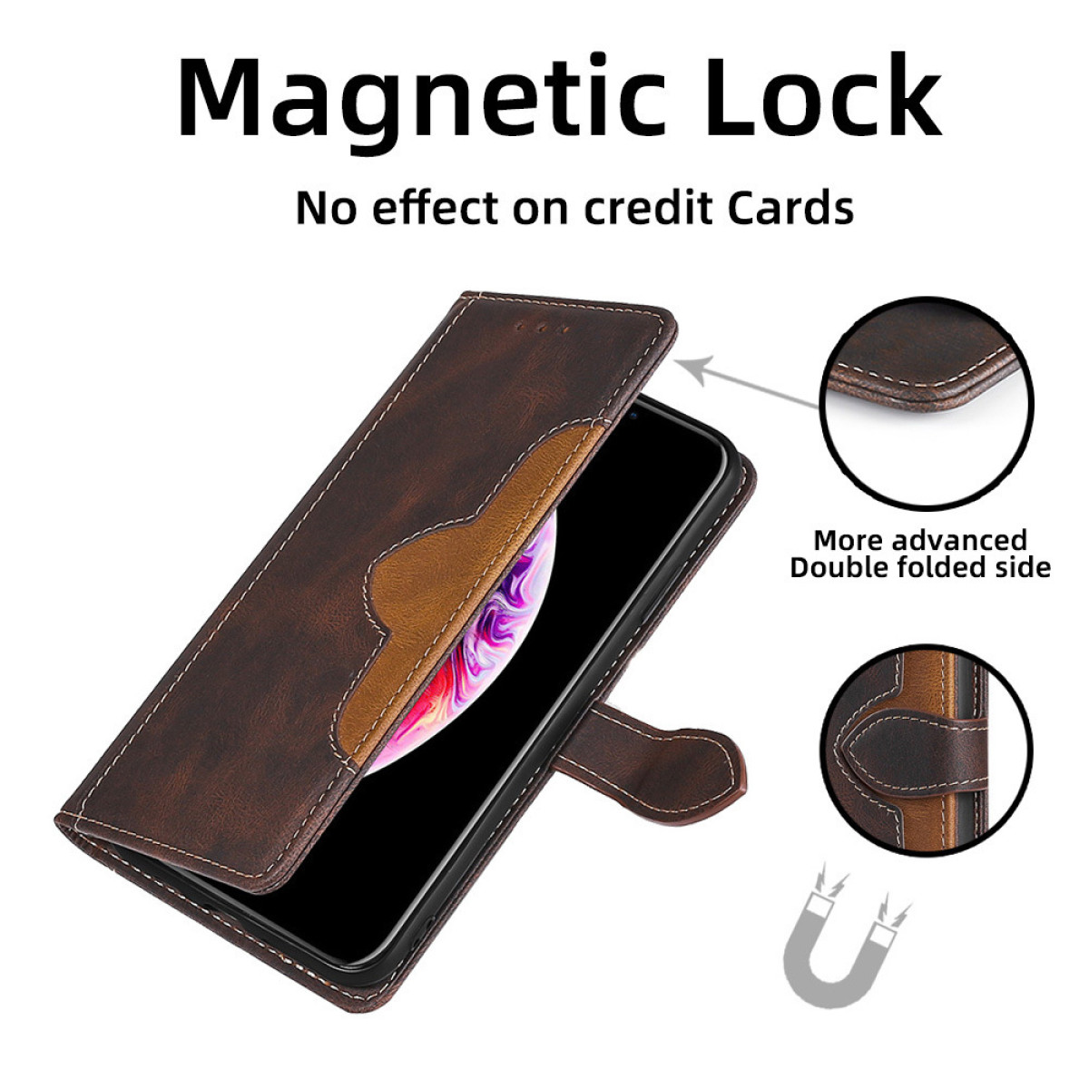 Custodia per telefono in pelle marrone con portafoglio. Presenta una chiusura magnetica e un lato ripiegato.