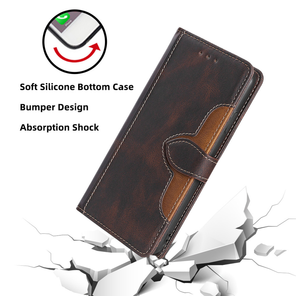 Una custodia per telefono in pelle marrone con chiusura magnetica e sfondo bianco crepato.