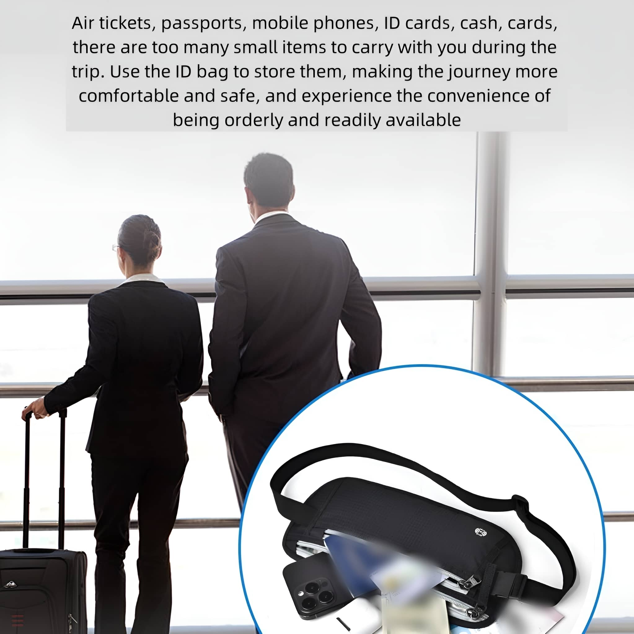 Zwei Personen am Flughafen, eine mit Koffer. Eine Bauchtasche enthält Telefon und Reisepass.