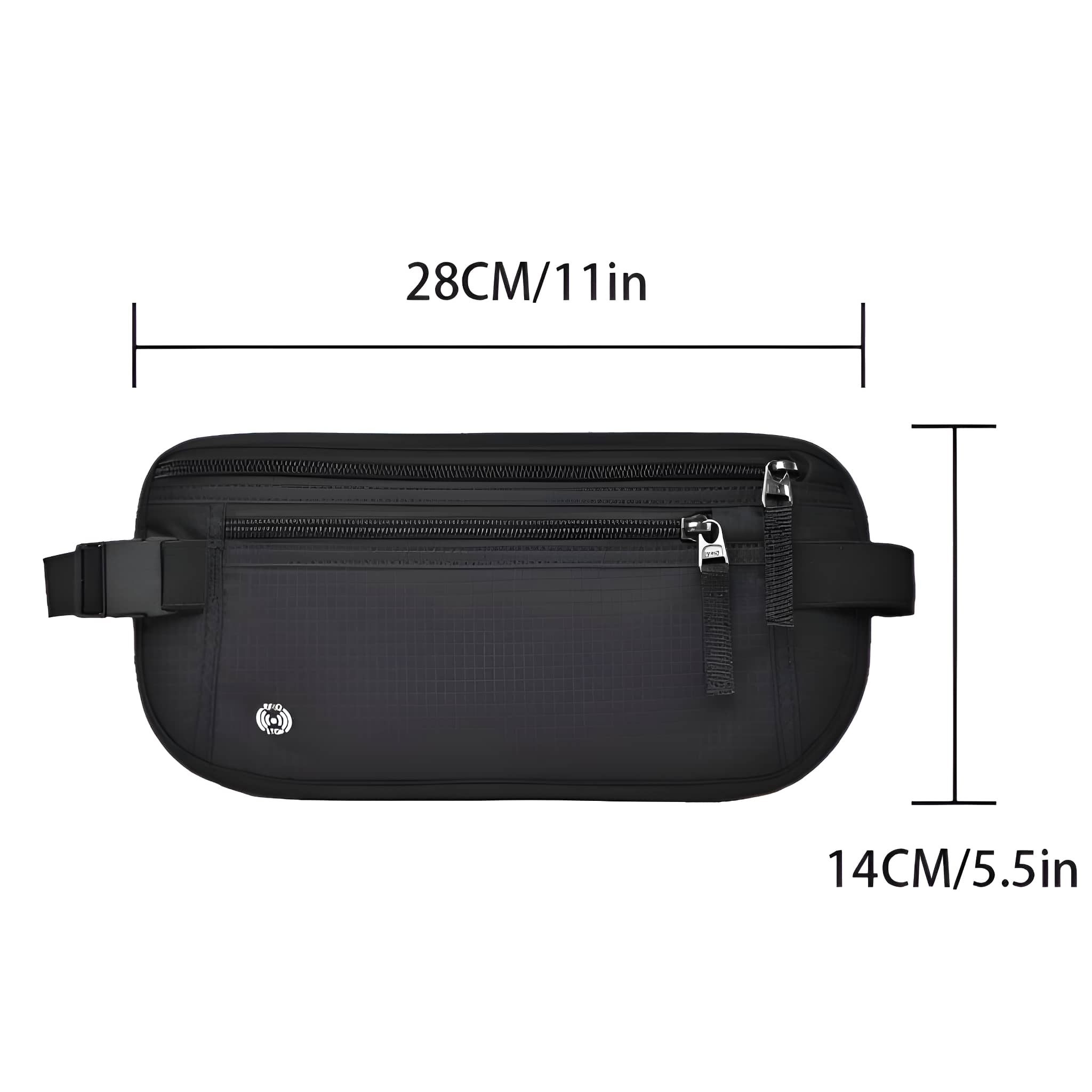 Schwarze Bauchtasche mit zwei Reißverschlussfächern und einer Schnalle. Maße in cm und Zoll.
