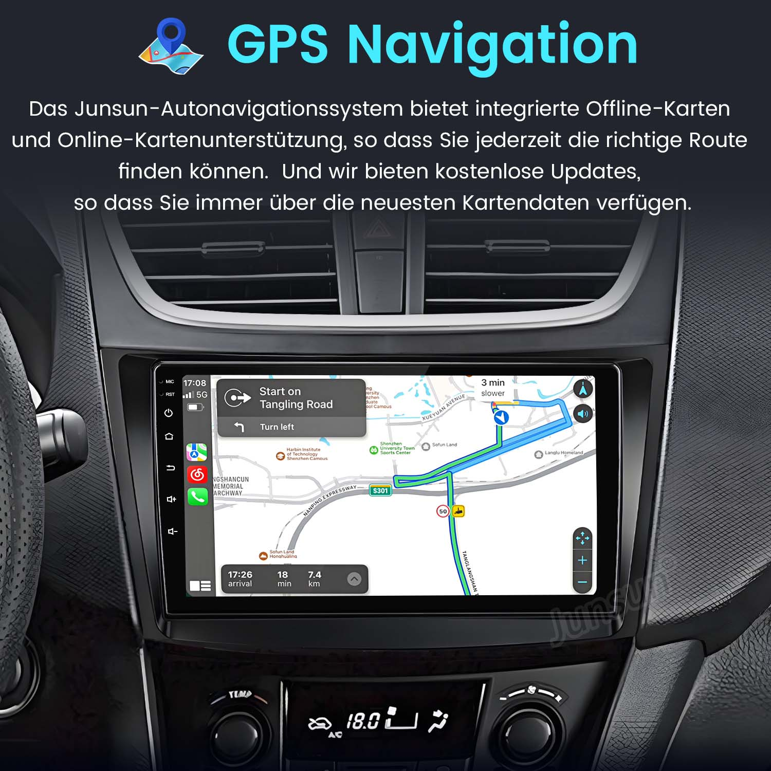 Autonavigationssystem-Bildschirm mit einer Karte, die eine Route zeigt. Text: GPS-Navigation.