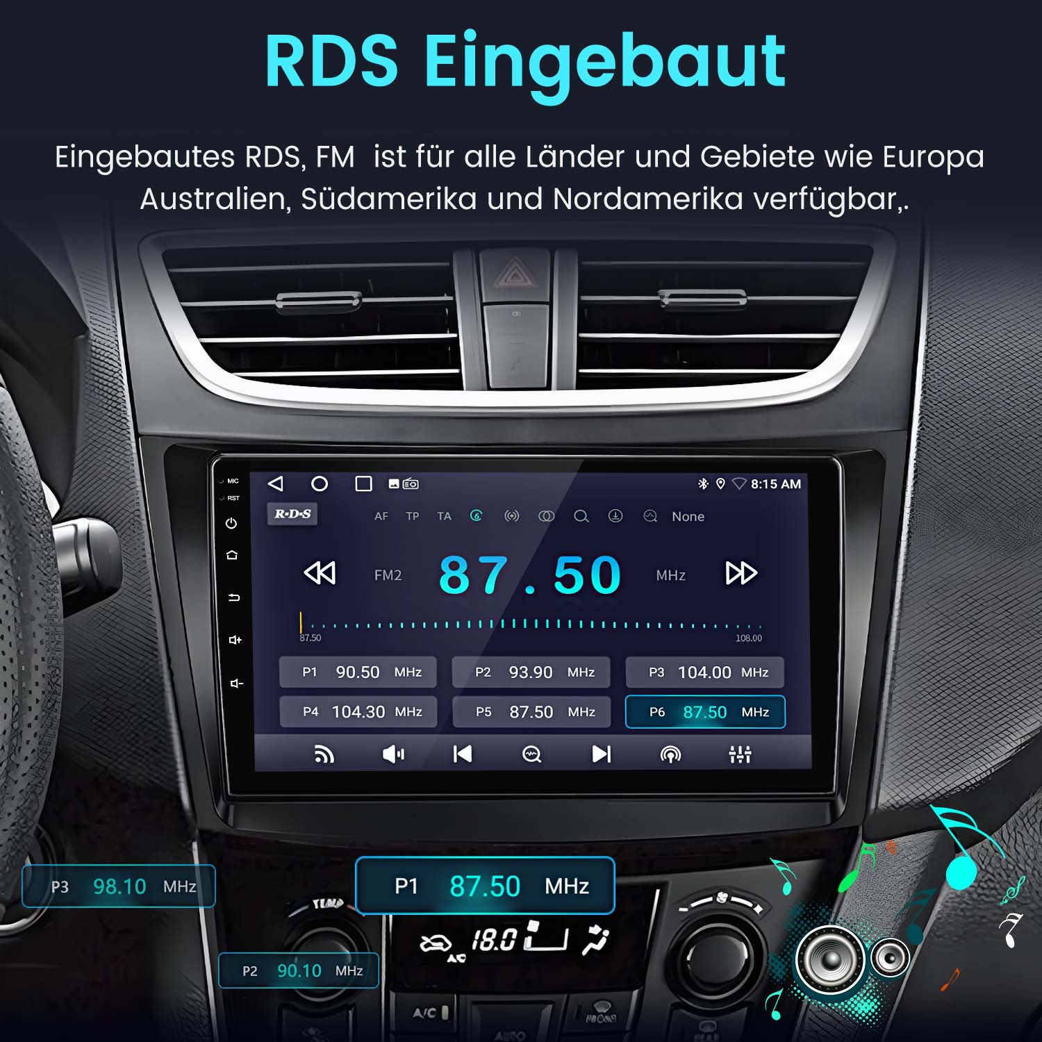 Autoradio-Bildschirm, der die Senderfrequenz und andere Details anzeigt. Armaturenbrett und Innenraum im Hintergrund.