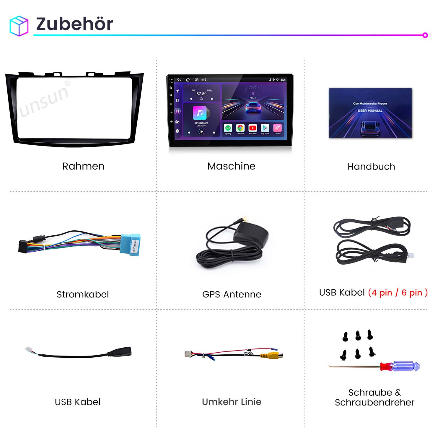 Auto-Multimedia-Zubehör, einschließlich Rahmen, Bildschirm und Kabel.