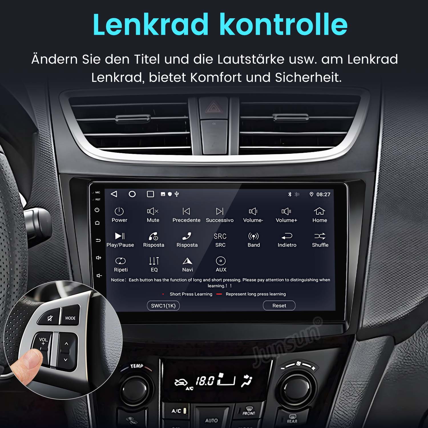Bildschirm des Auto-Infotainment-Systems mit Bedienelementen, Nahaufnahme der Lenkradbedienung.