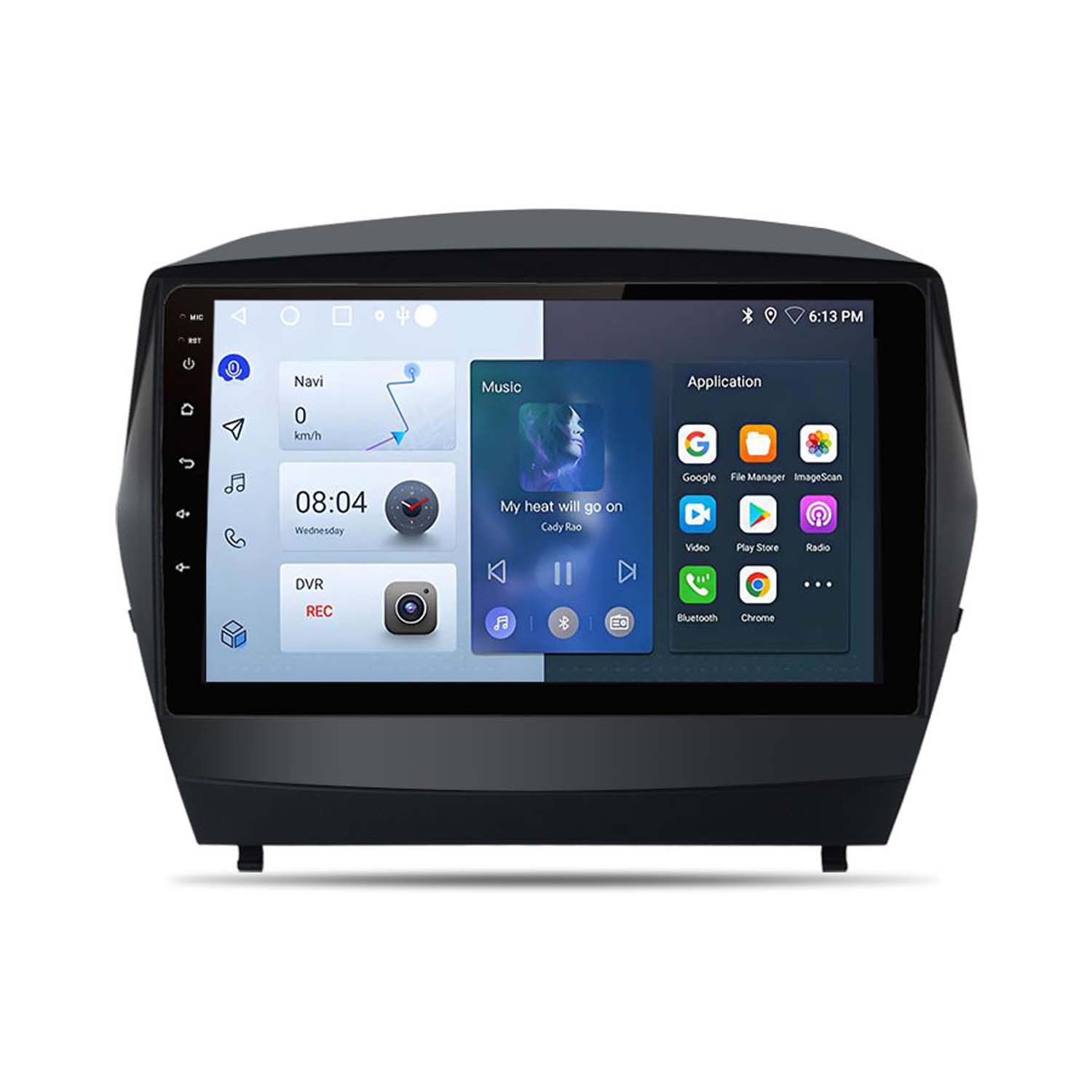 Ein schwarzes Auto-Multimedia-System mit Touchscreen, das Navigation, Musik und App-Optionen anzeigt.