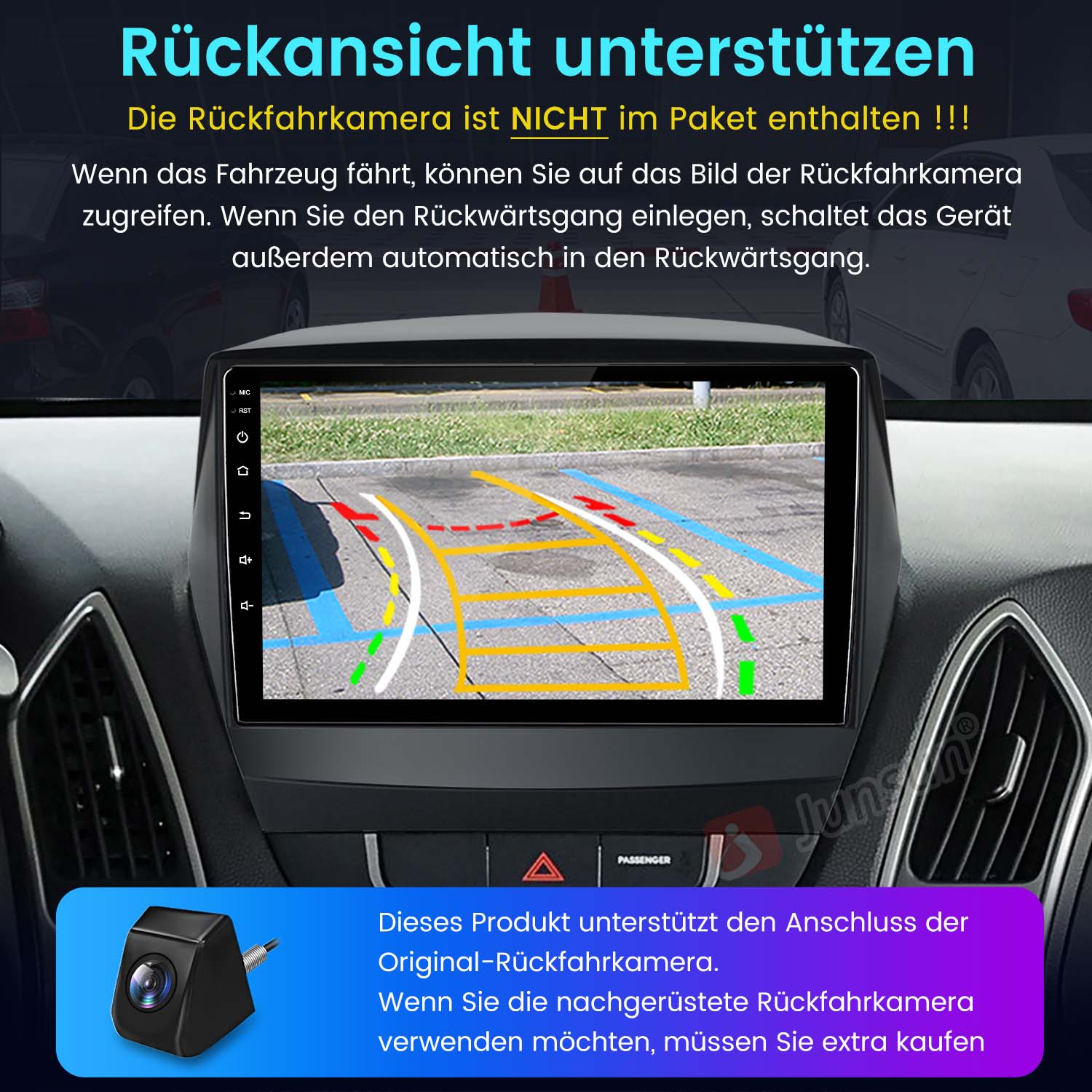 Auto-Bildschirm, der die Rückfahrkameraview anzeigt. Wird auf dem Armaturenbrett des Autos angezeigt, mit einem schwarzen und blauen Innenraum.