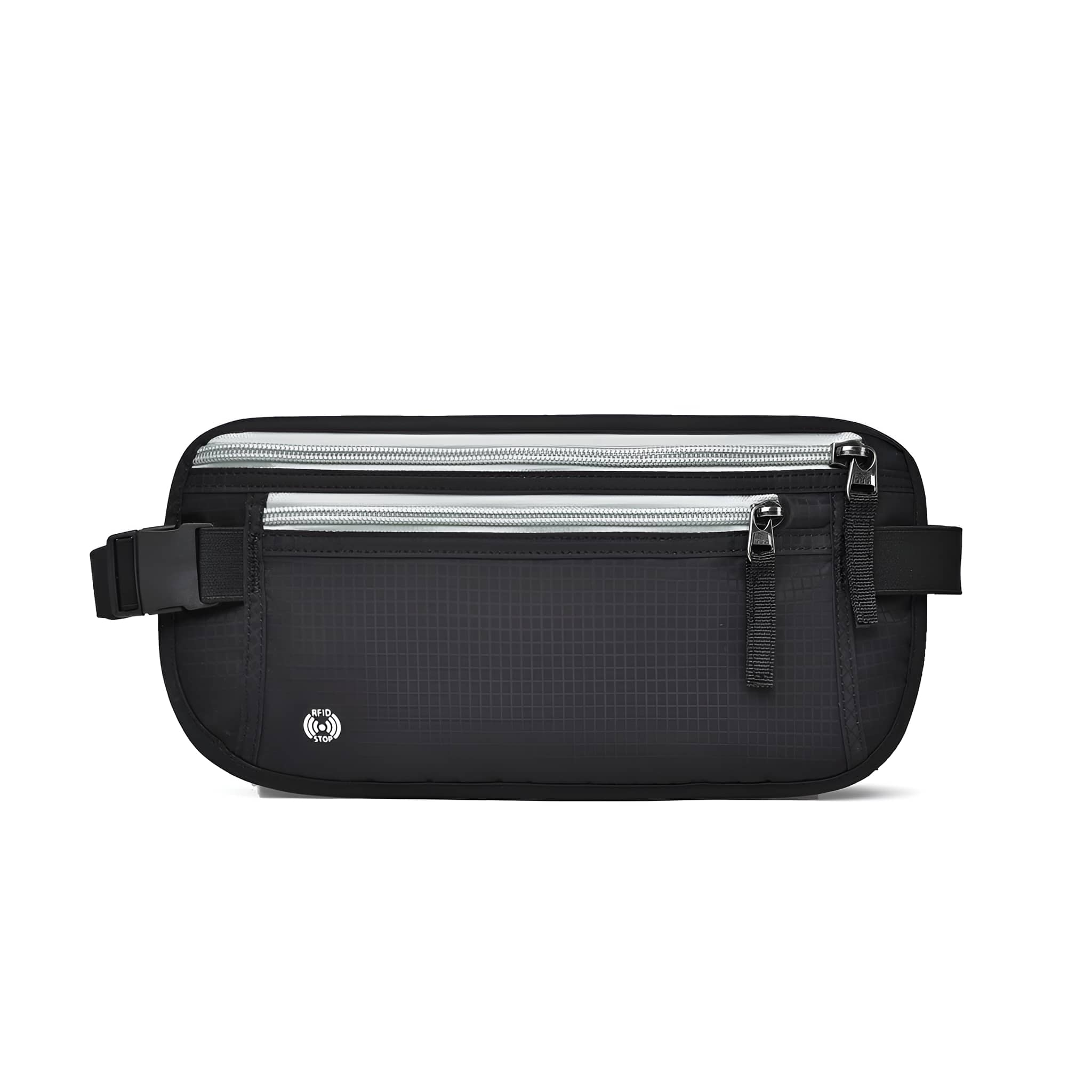 Schwarze Bauchtasche mit zwei Reißverschlussfächern. Sie hat einen schwarzen Gurt mit Schnalle. Der Hintergrund ist weiß.