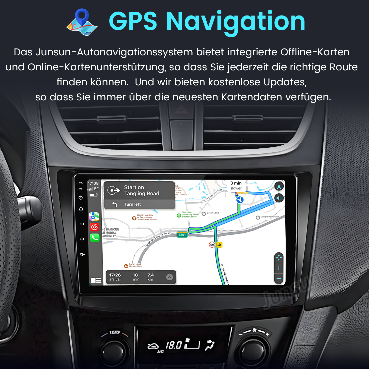 Ein Armaturenbrett zeigt GPS-Navigation mit Karte und verschiedenen Steuertasten. Der Bildschirm ist vom Armaturenbrett umgeben.