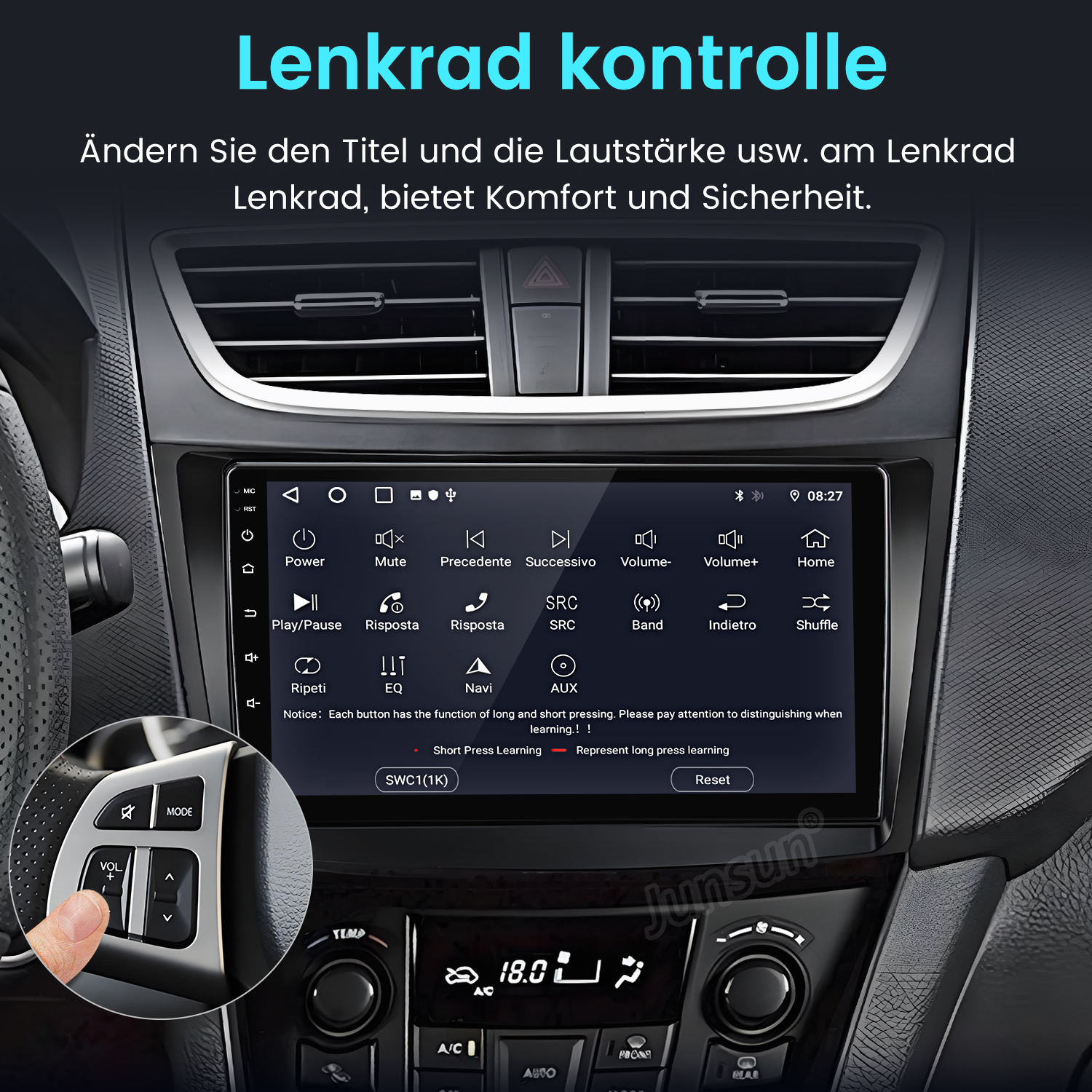 Armaturenbrett eines Autos mit einem Bildschirm, der ein Navigationssystem zeigt. Der Bildschirm zeigt Knöpfe und Symbole.