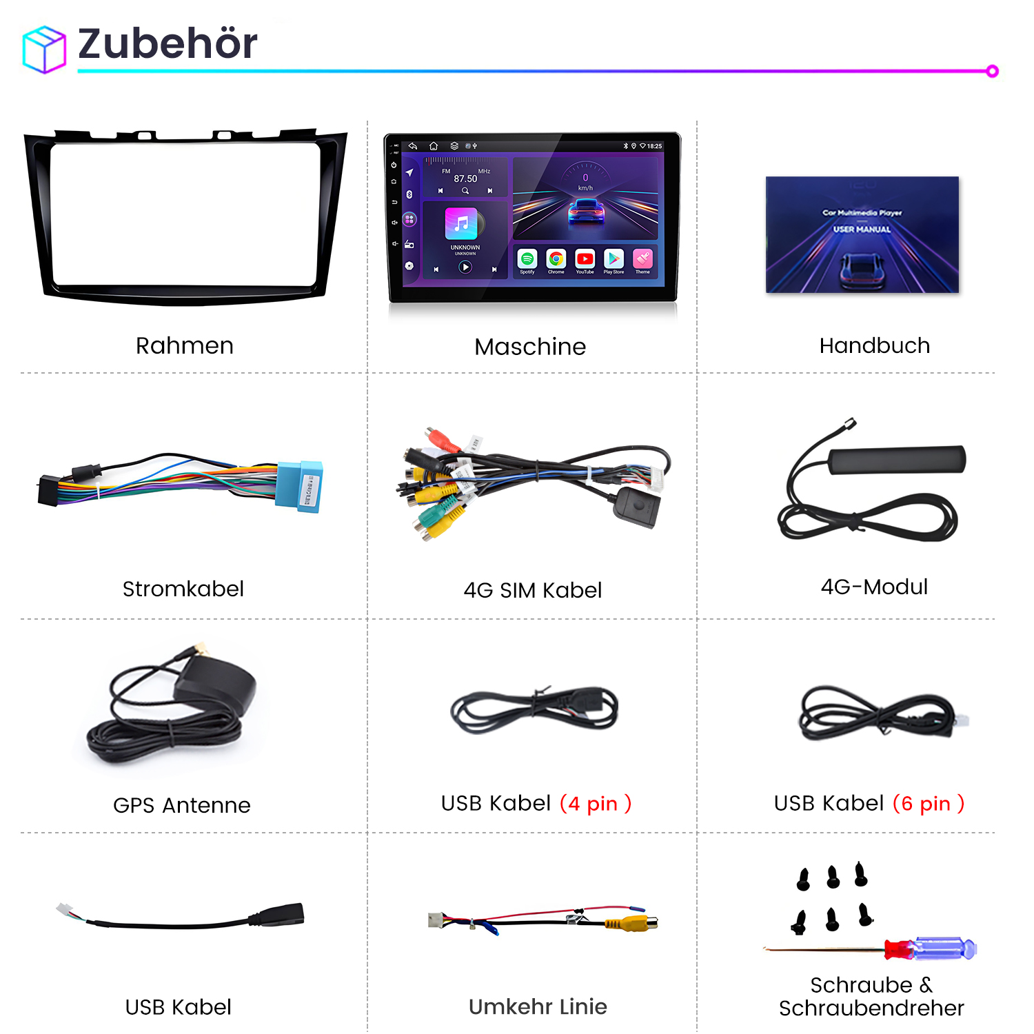 Auto-Multimedia-Player mit Zubehör. Maschine, Rahmen, Kabel und mehr.