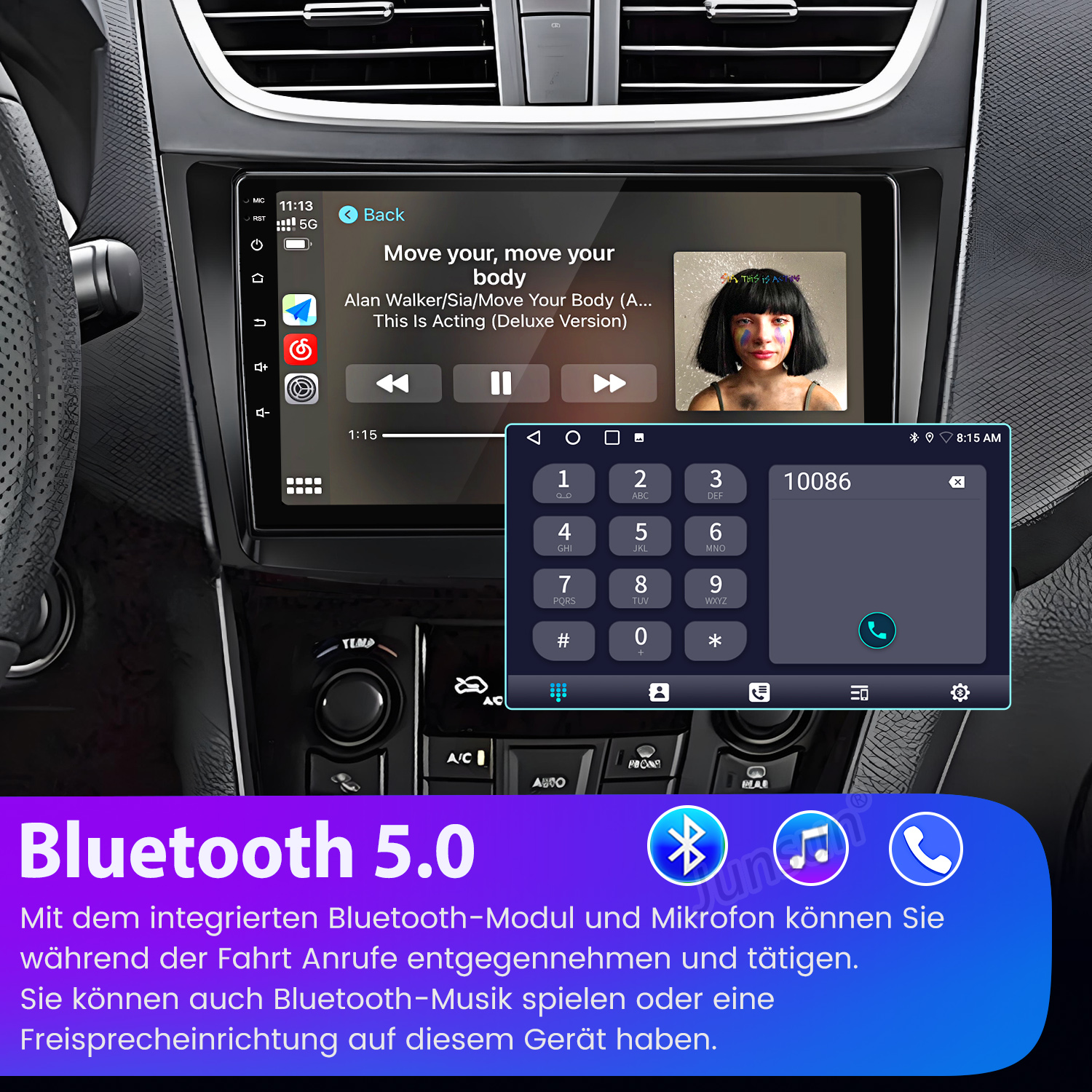 Armaturenbrett eines Autos mit Bildschirm, der Musik und eine Telefonoberfläche anzeigt.