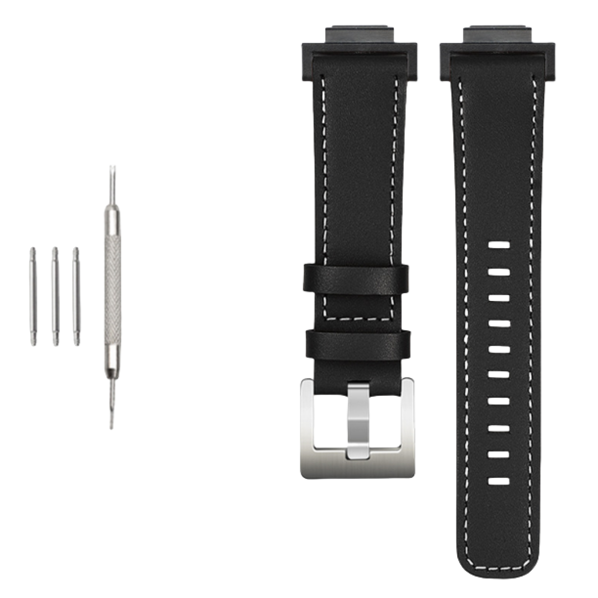 Schwarzes Uhrenarmband mit weißen Nähten und silbernen Werkzeugen. Schwarzes Leder.