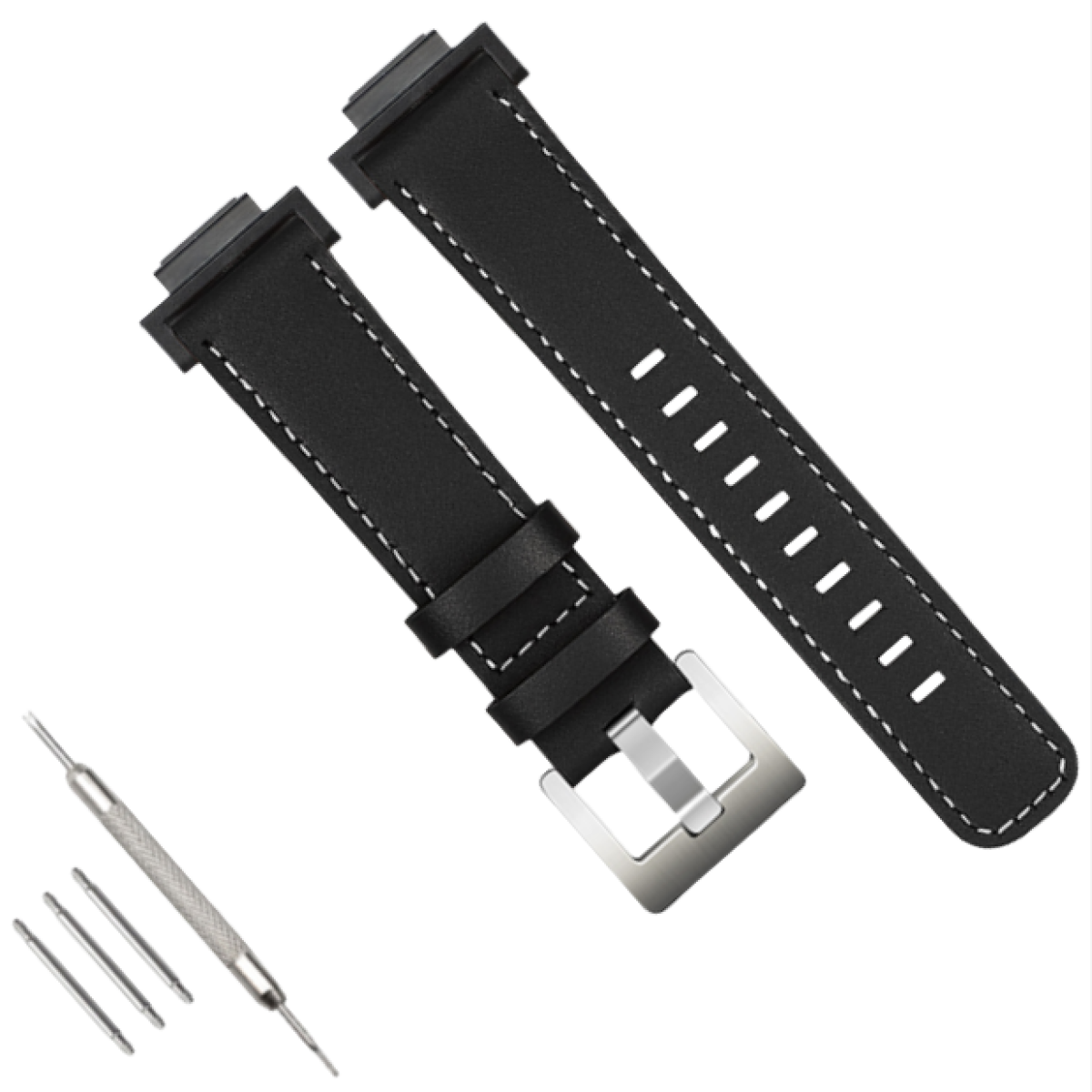 Schwarze Uhrenarmbänder mit weißen Nähten und silberner Schnalle, zusammen mit einem Schraubendreher.