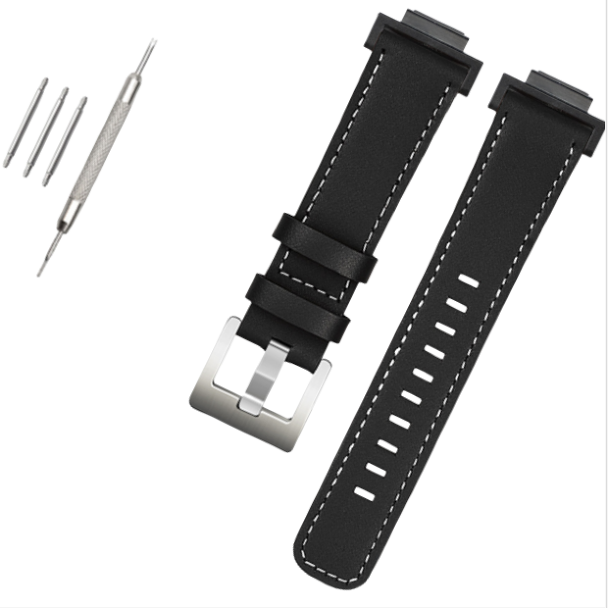 Schwarzes Uhrenarmband mit weißen Nähten. Enthält Schnalle und Werkzeuge. Weißer Hintergrund.