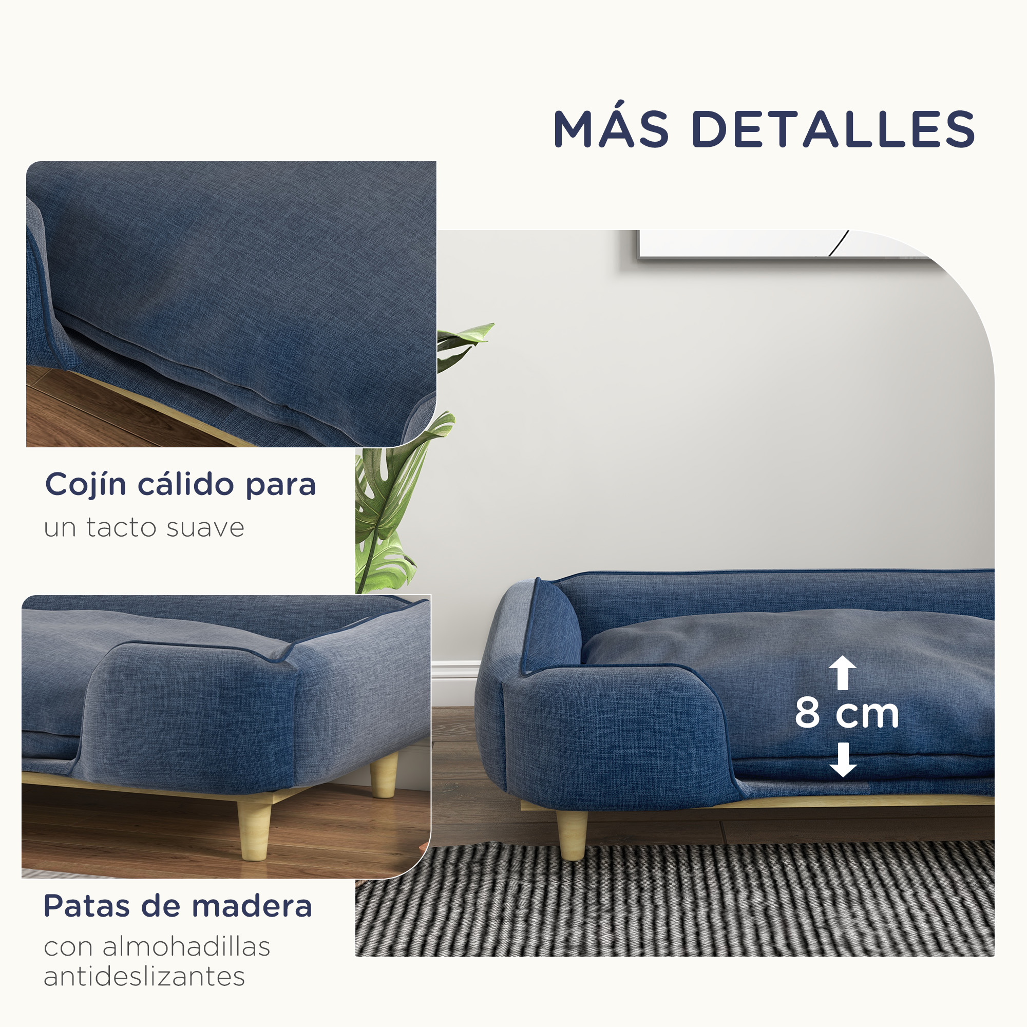 Una cama azul para perros con detalles de un cojín suave y patas de madera antideslizantes.