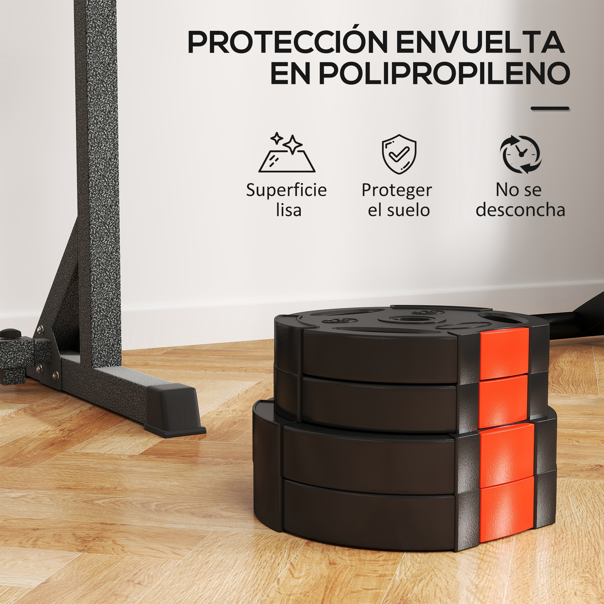 Placas de pesas negras y rojas apiladas en un suelo de madera, cerca de una estructura metálica. Texto: Protege el suelo.