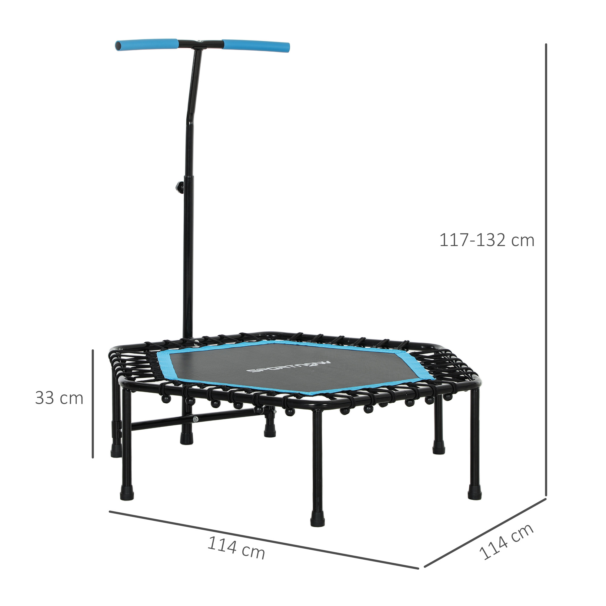 Un trampolín negro, cuadrado, con asa y superficie azul para saltar.