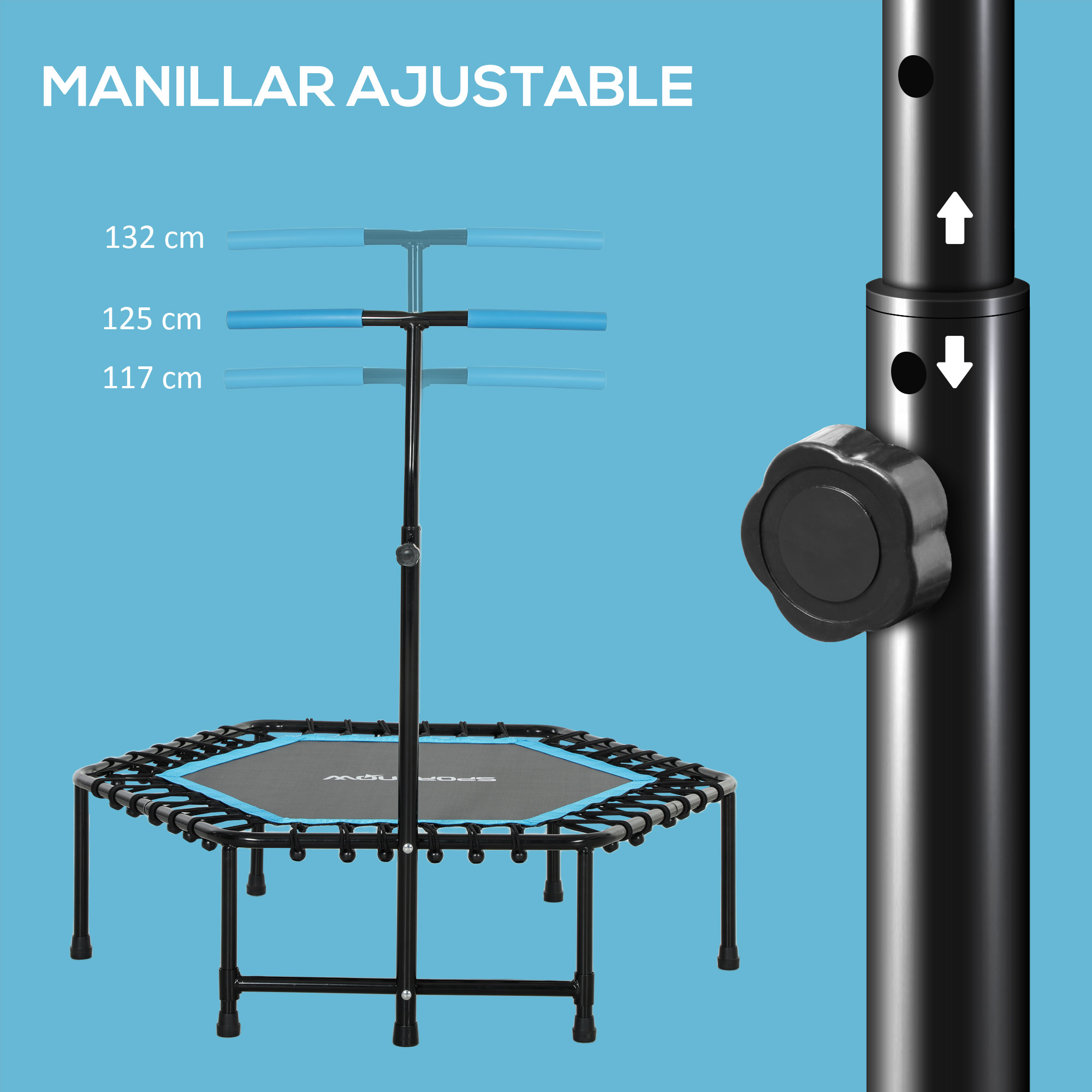 Un minitrampolín con manillar ajustable, marco negro y superficie de salto azul.