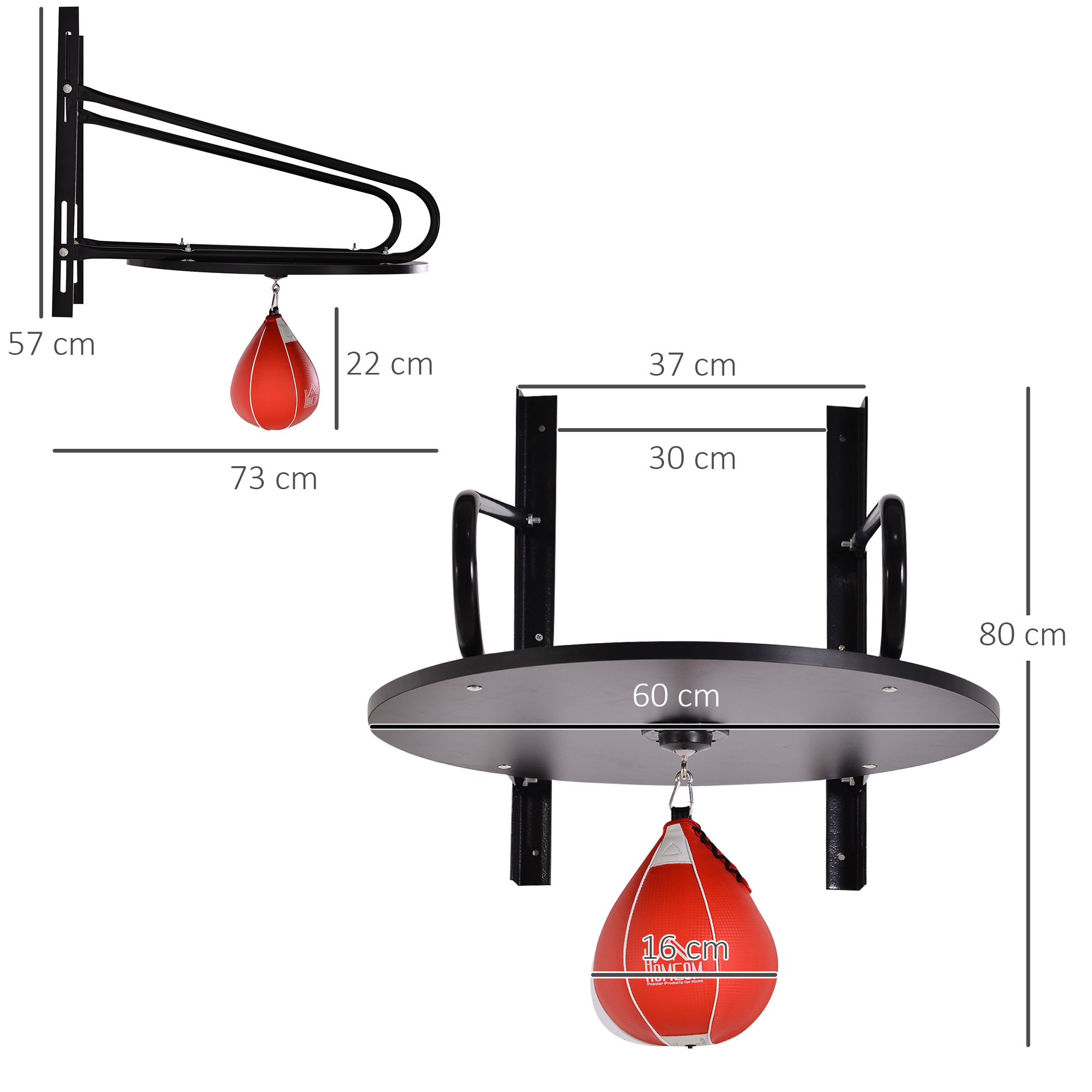 Un'installazione di sacco da boxe con le dimensioni mostrate.