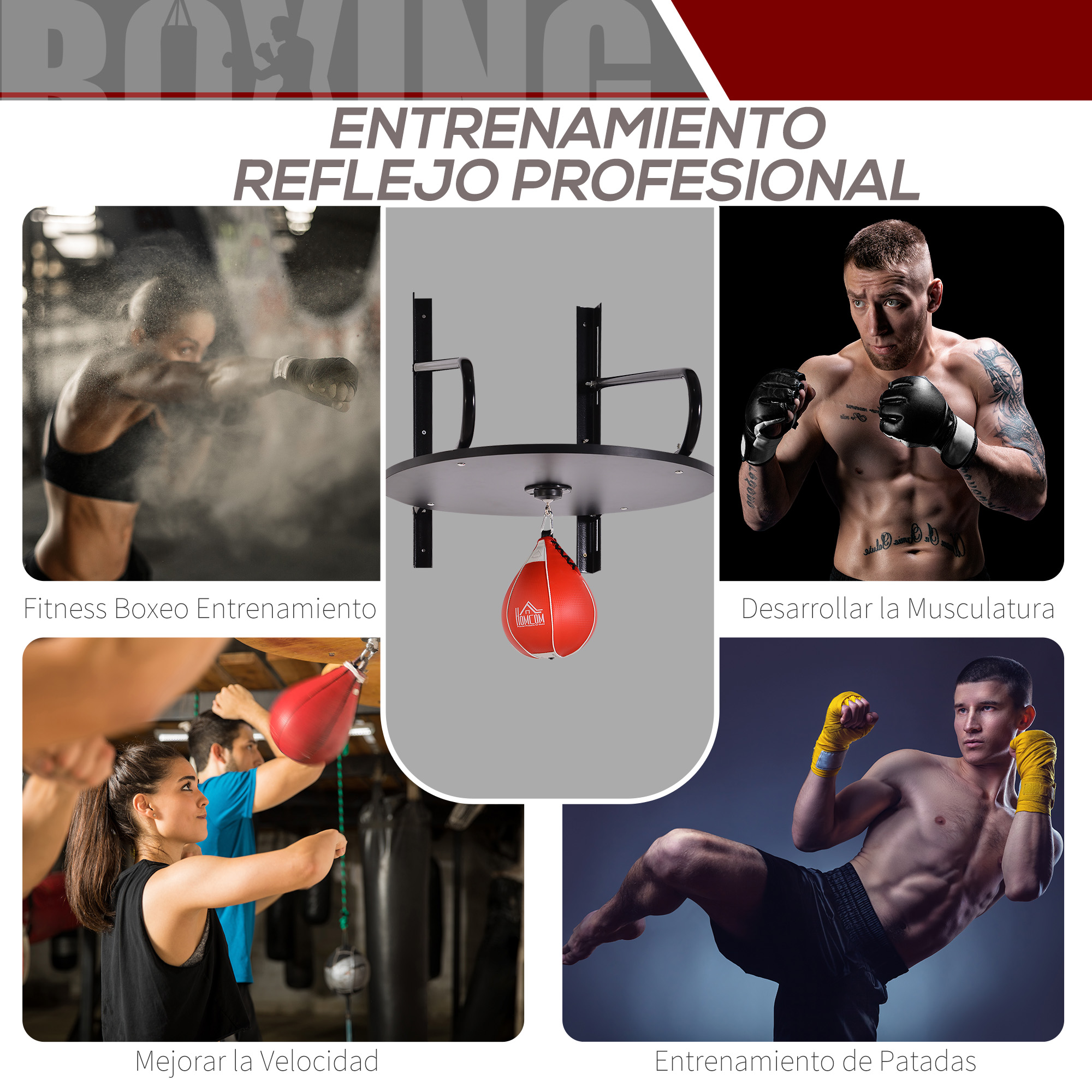 Imágenes de entrenamiento de boxeo que muestran saco de boxeo, gente boxeando y fitness.