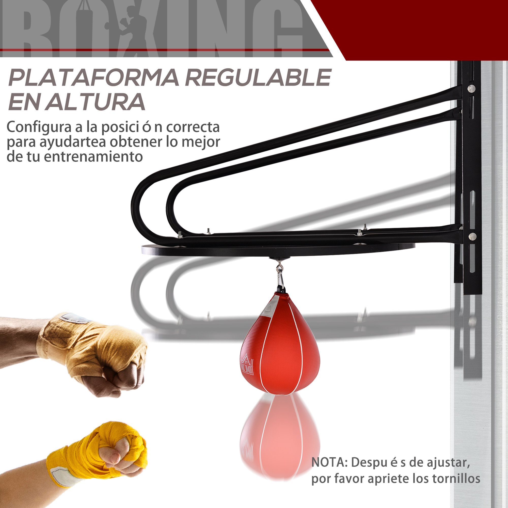 Una bolsa de boxeo cuelga de un soporte negro ajustable. Dos manos envueltas en vendas de boxeo.