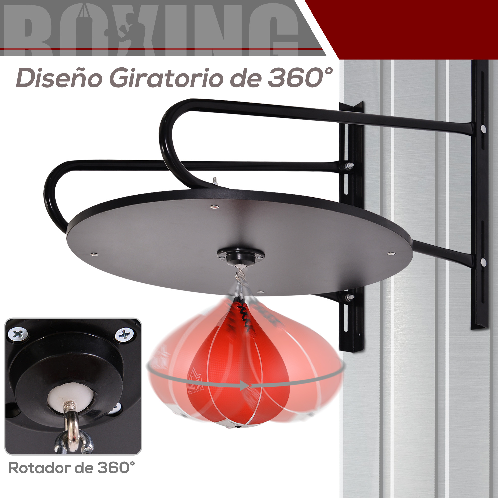 Aparato de bolsa de velocidad de boxeo en una pared. Incluye una plataforma negra, giratoria y bolsa roja.