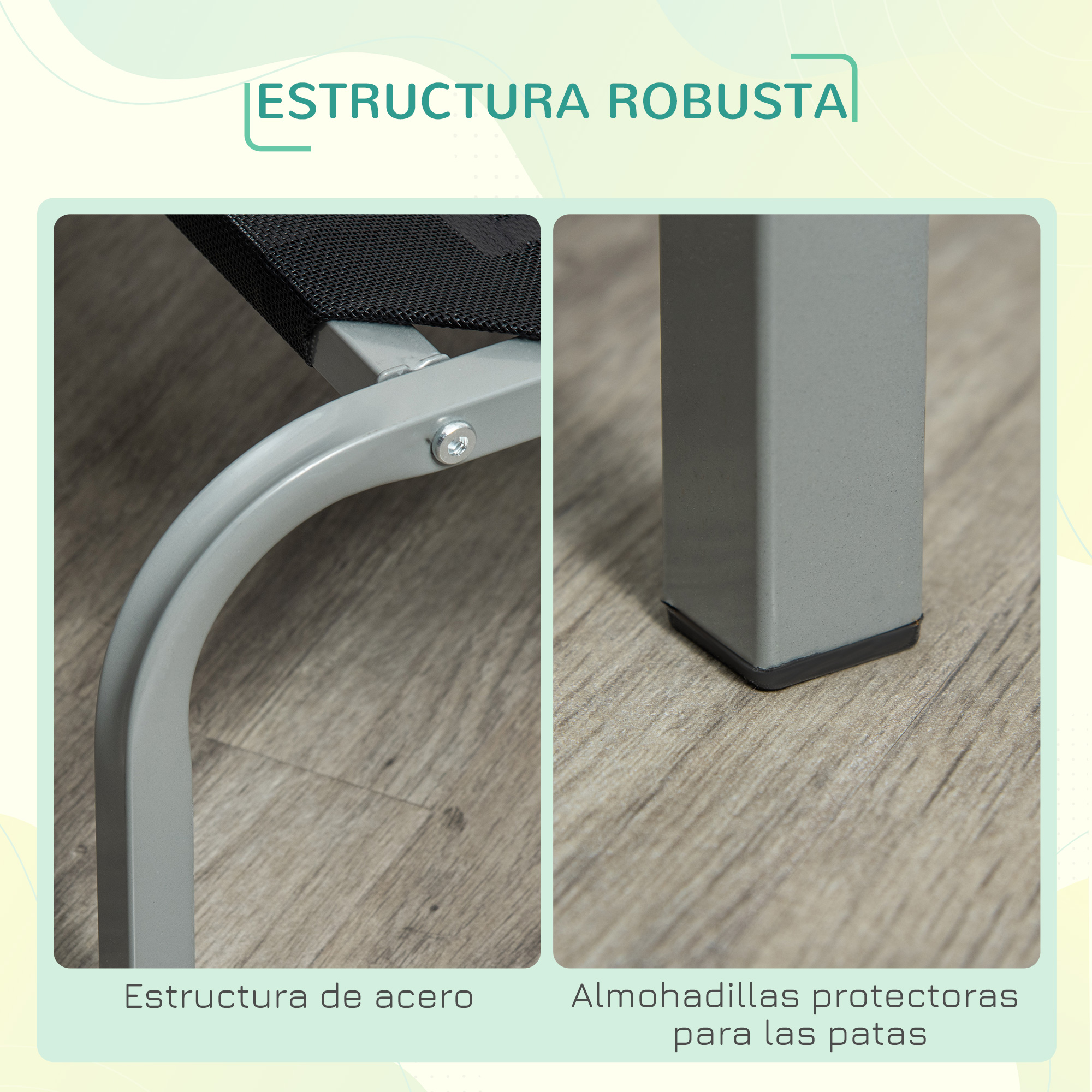 Primer plano del marco de acero y el pie de una silla. La silla tiene marco de acero y almohadillas.