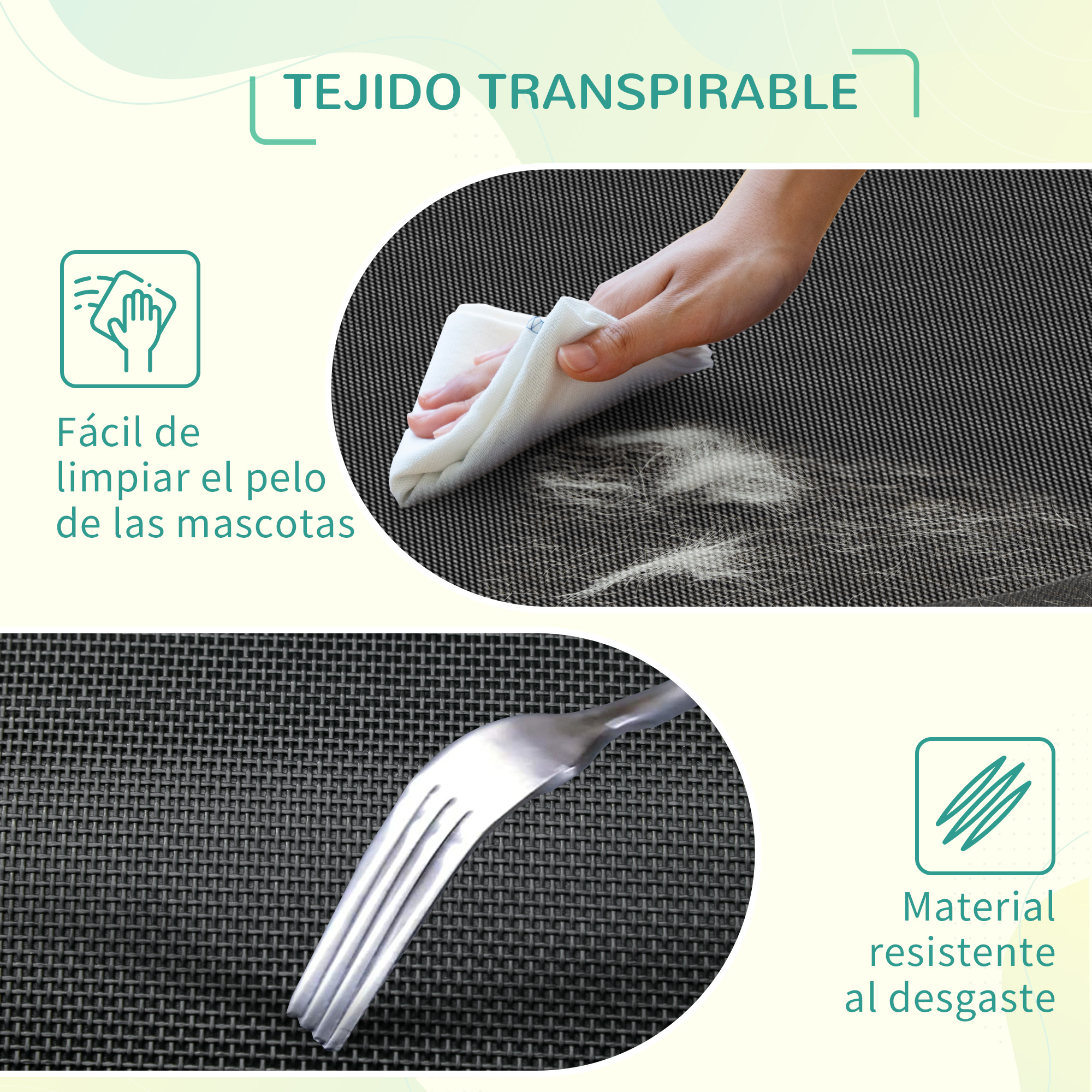 Una mano limpia una superficie negra texturizada con un paño blanco. Una horquilla está debajo. Texto: fácil de limpiar.
