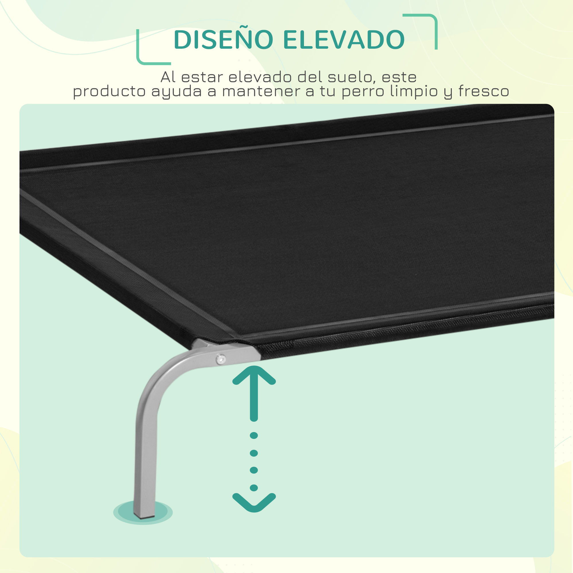 Cama para perros negra con patas plateadas y una flecha verde hacia abajo, indicando altura.