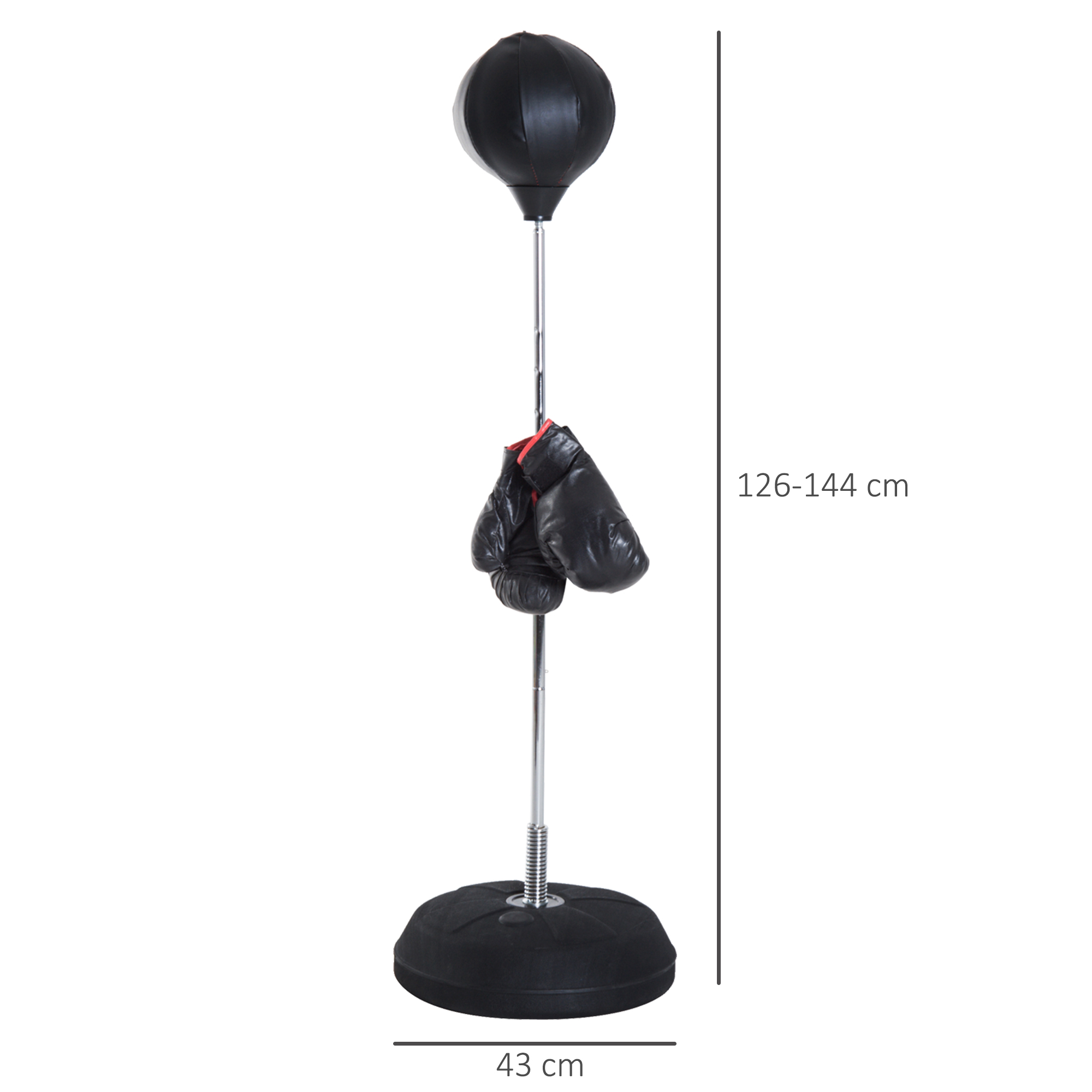 Saco de boxeo negro con guantes colgando, sobre soporte metálico con base redonda. Medidas: 126-144 cm alto, 43 cm ancho.