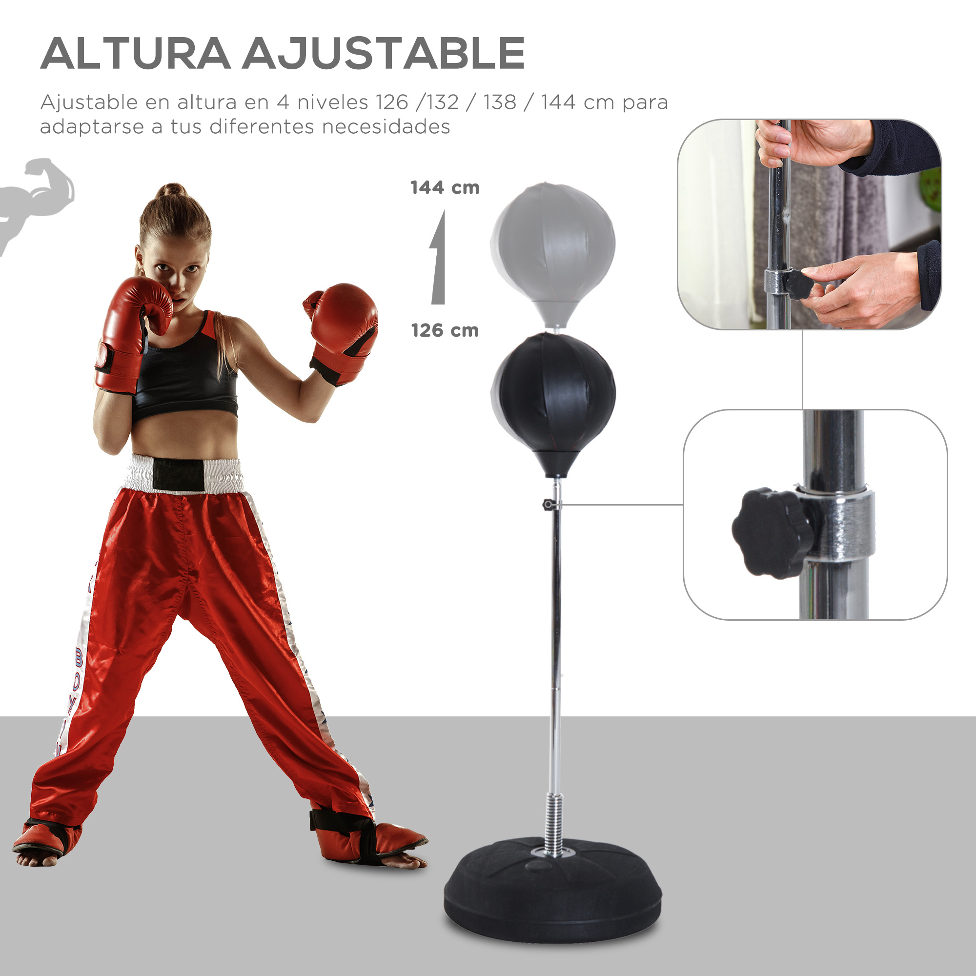 Una mujer con equipo de boxeo con un soporte de saco de boxeo, ilustrando el ajuste de altura.