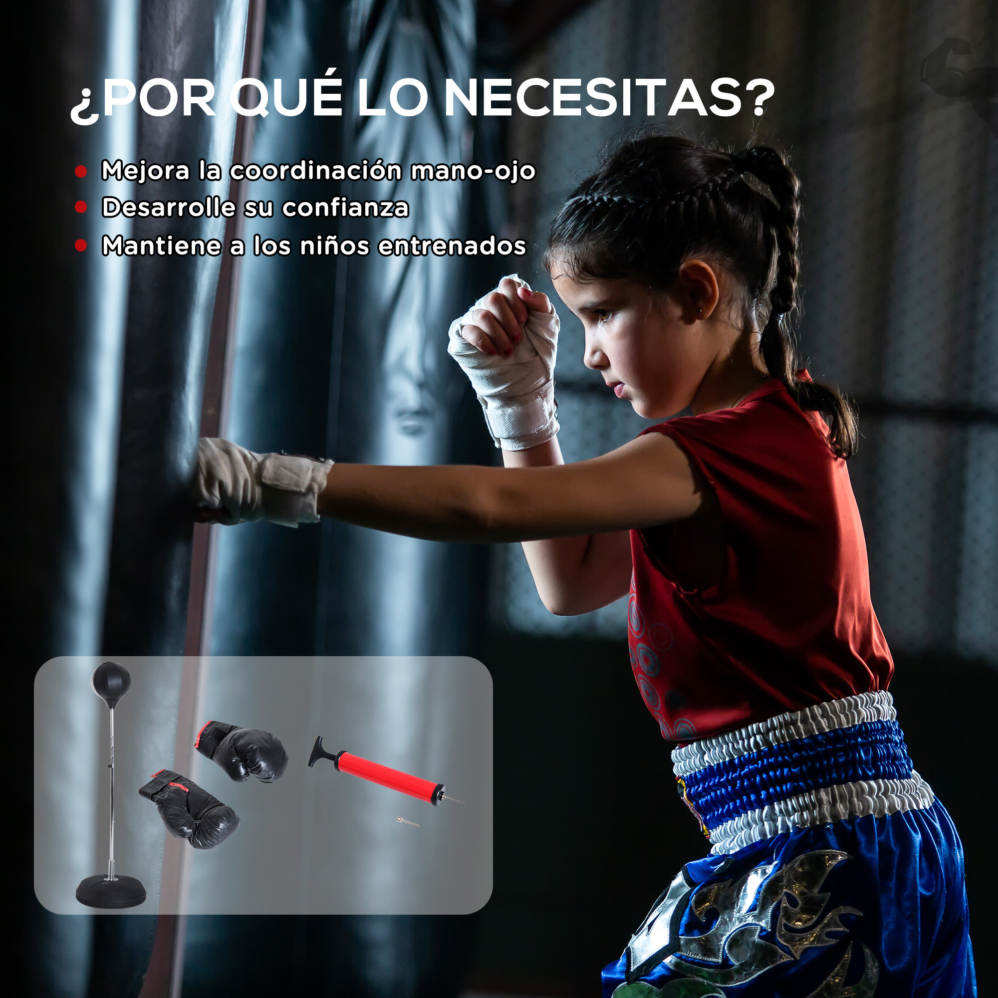 Una niña boxea frente a un saco de boxeo negro, con un equipo de boxeo.