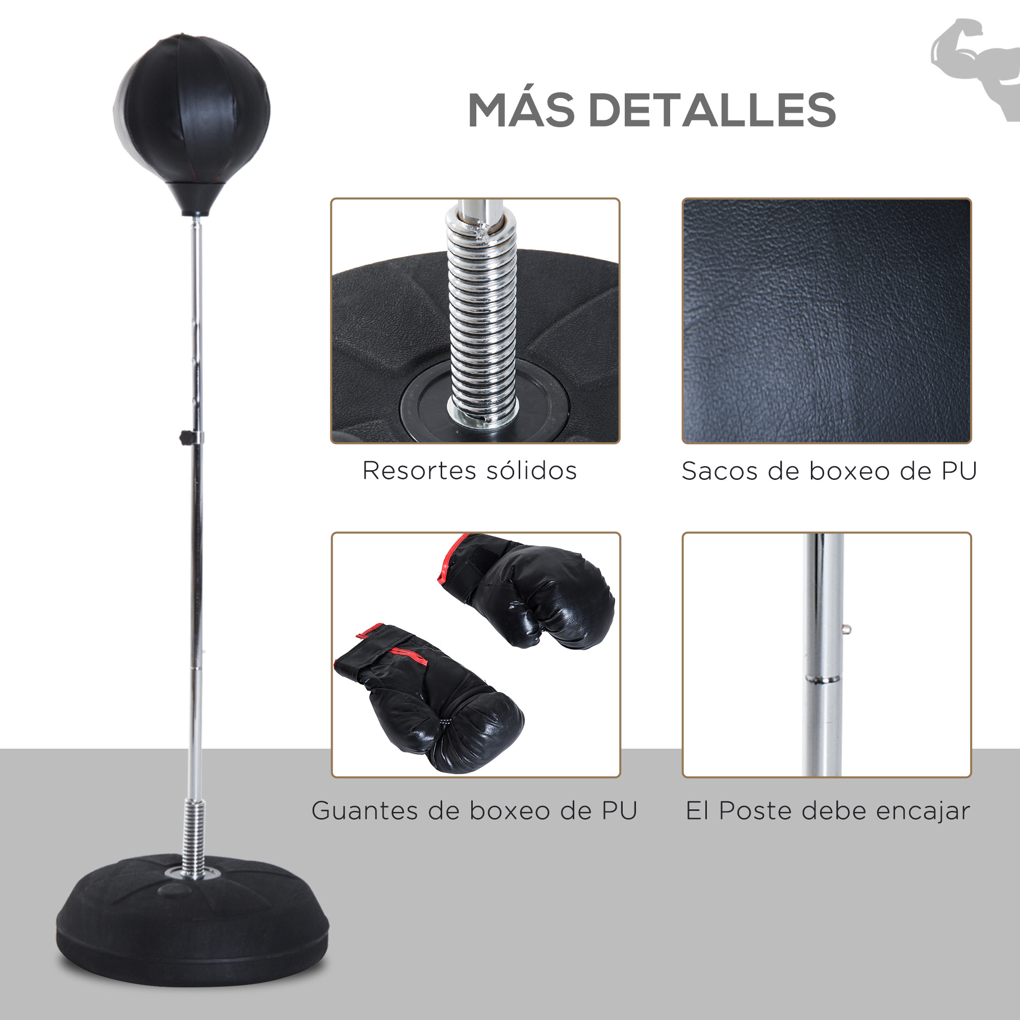 Juego de entrenamiento de boxeo: saco de boxeo negro, guantes y base. Detalles mostrados.