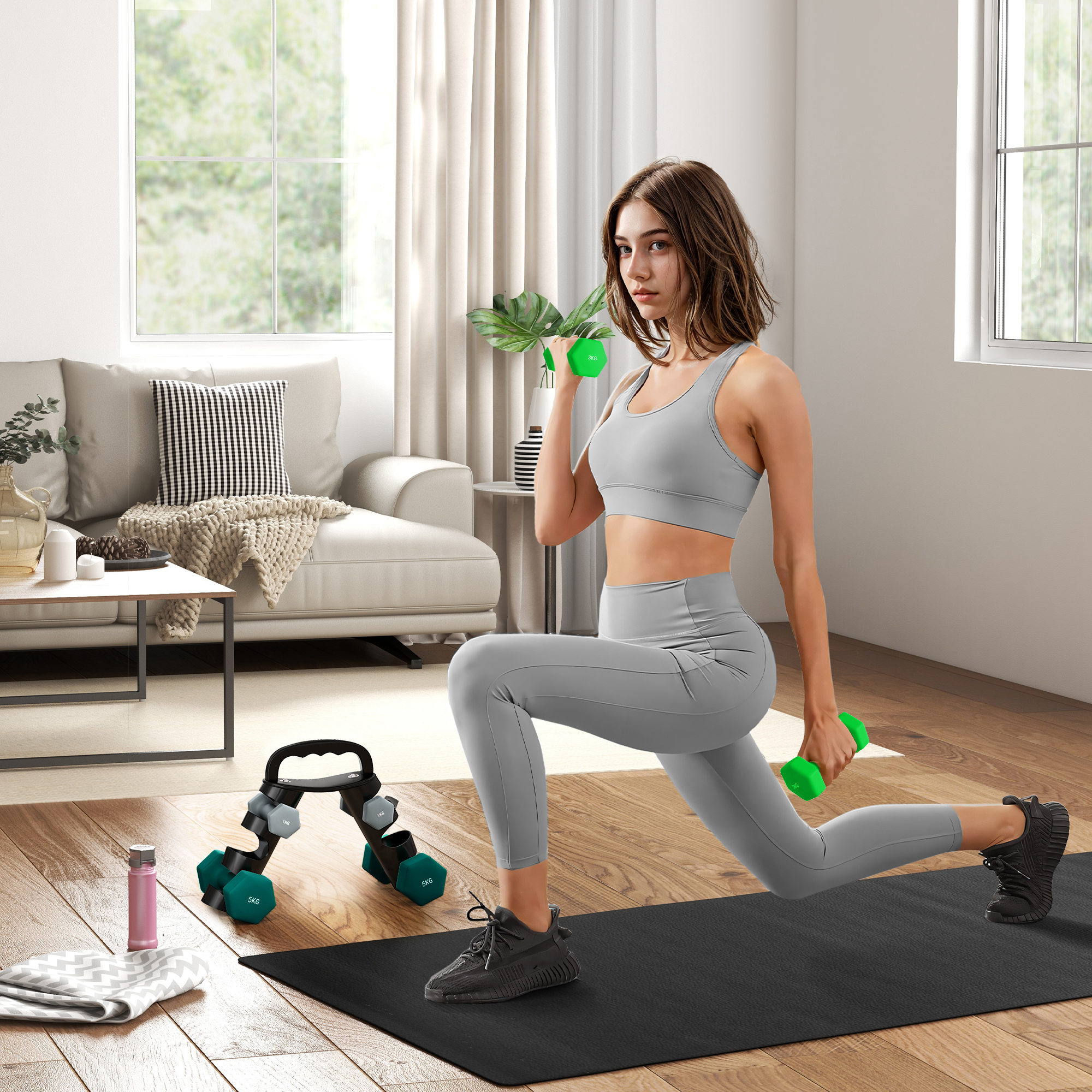 Mujer en ropa deportiva gris haciendo una zancada con mancuernas verdes en casa.