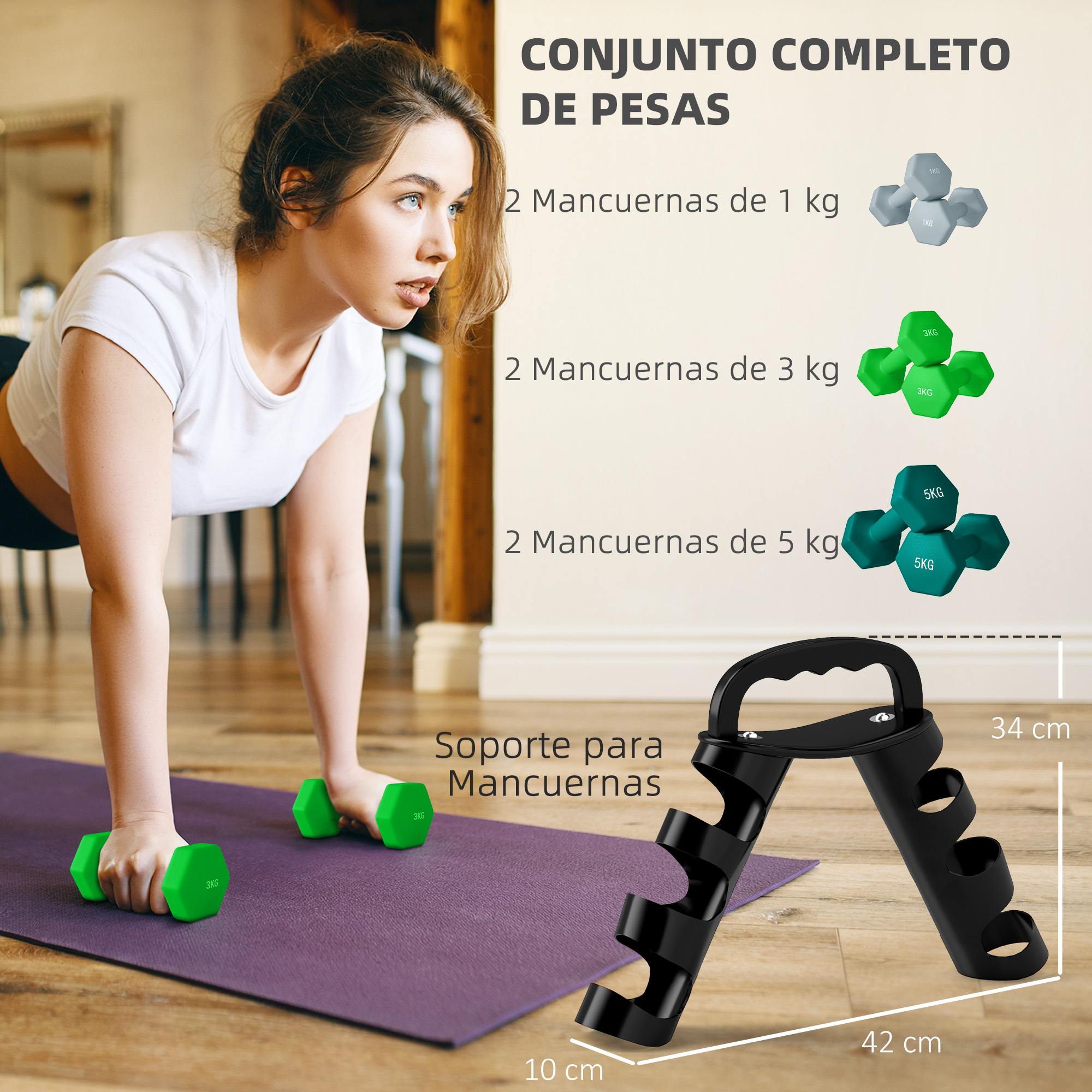 Mujer haciendo flexiones con mancuernas, se ven pesas y soporte.