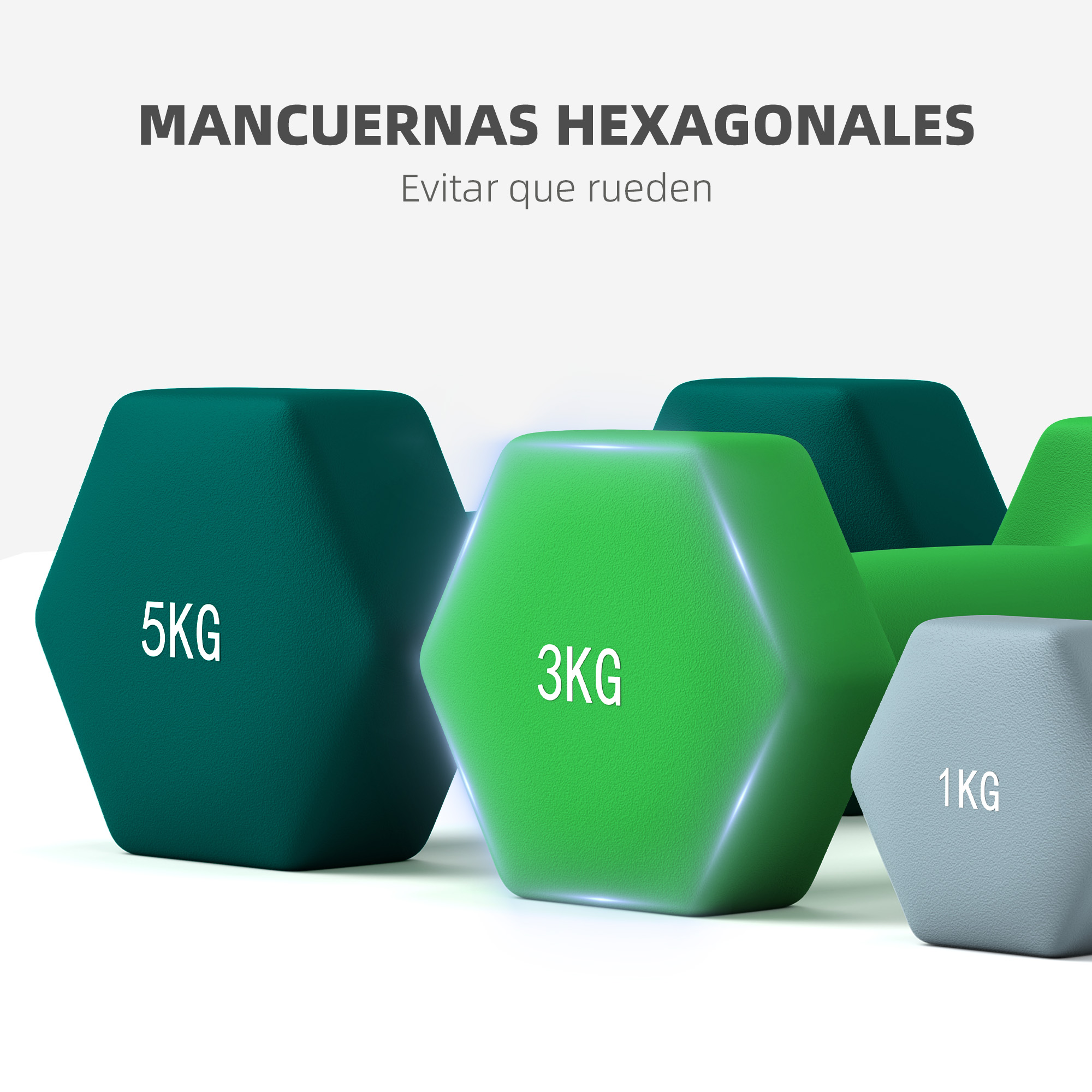 Mancuernas hexagonales con pesos de 5KG, 3KG y 1KG, sobre fondo blanco.